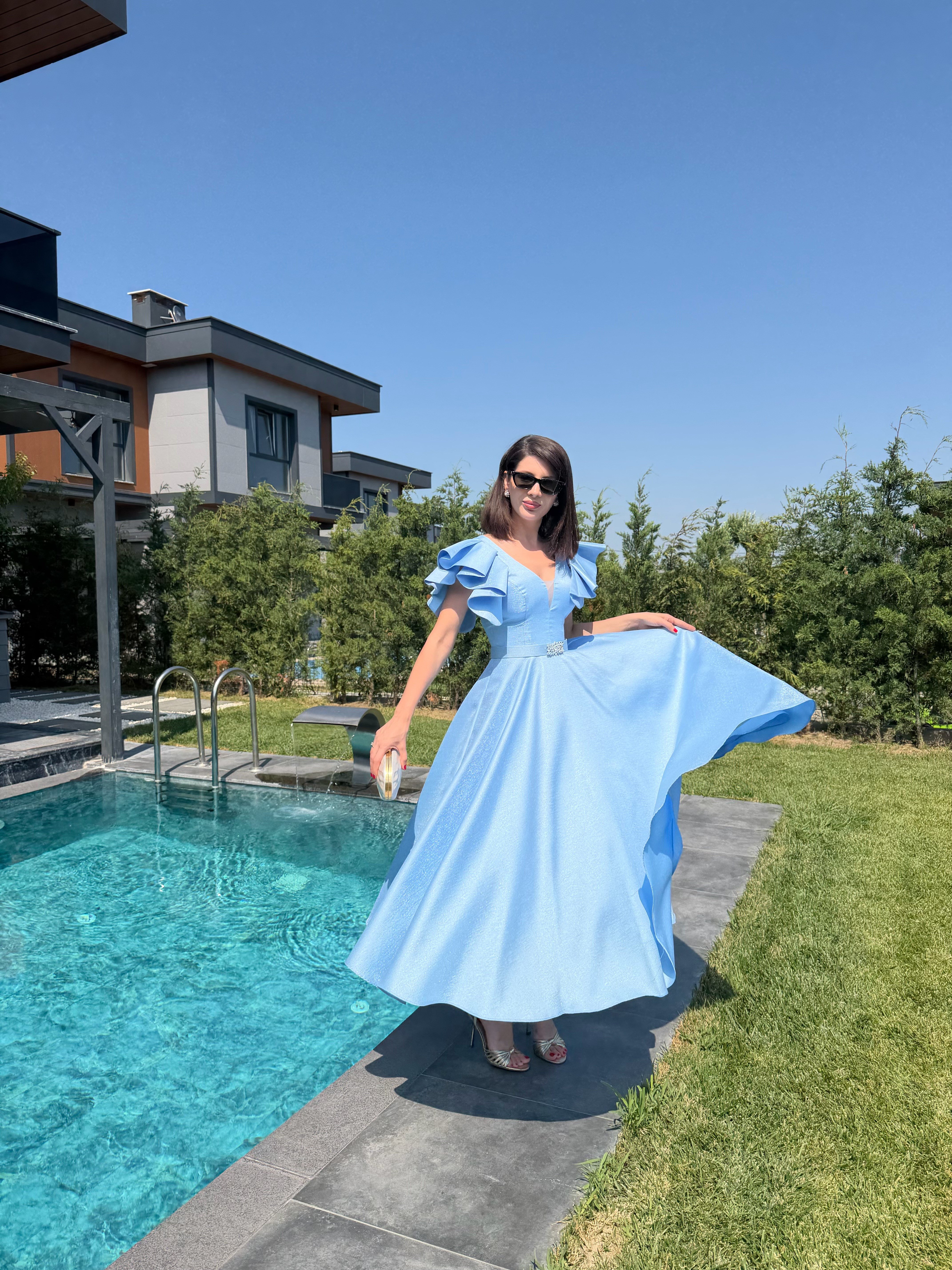 Sindy Baby Blue Taşlı Kemerli Maxi Elbise
