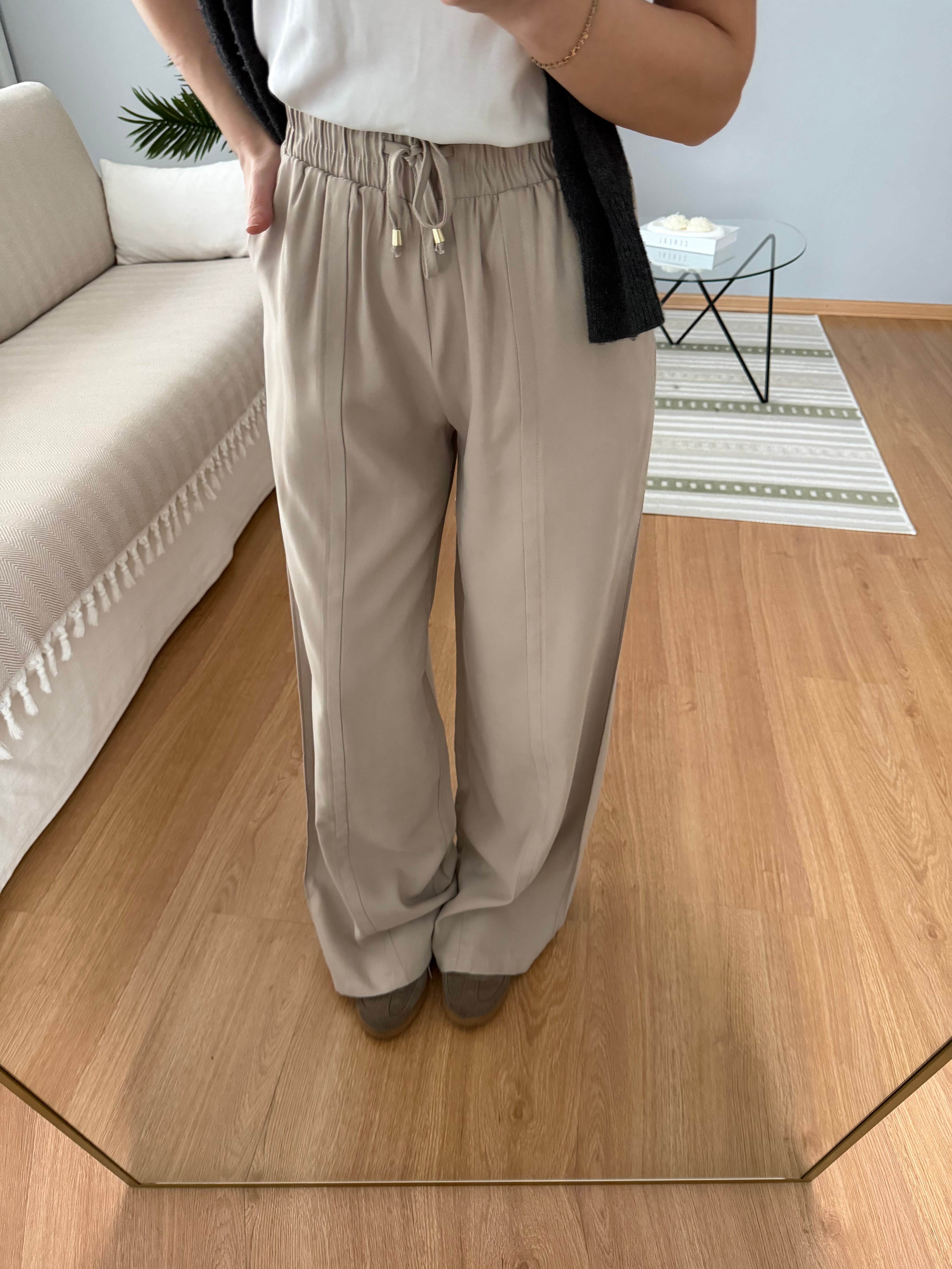 Tencel Beli Lastikli Bej Renk Pantolon 