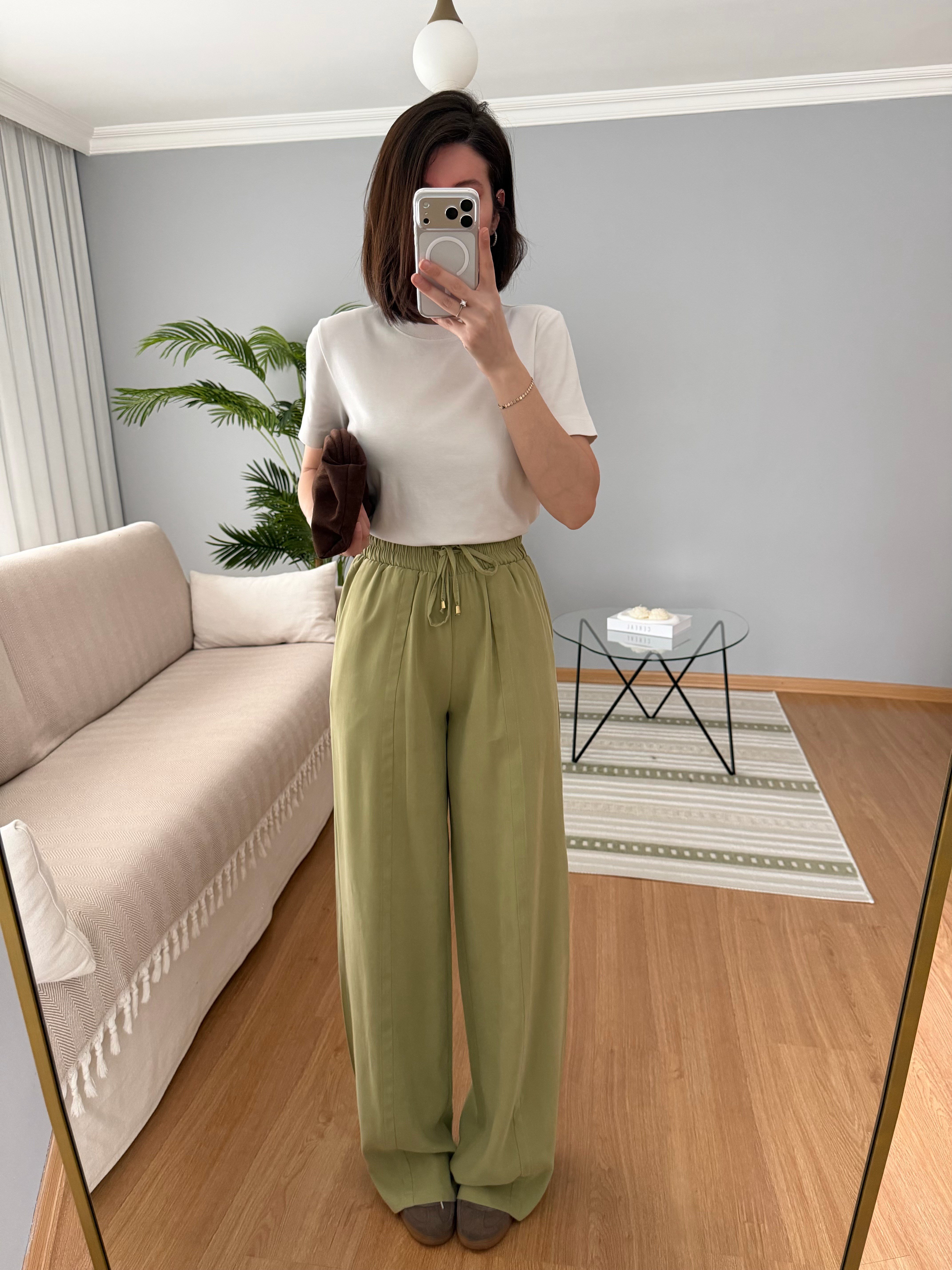 Tencel Beli Lastikli Yeşil Renk Pantolon 