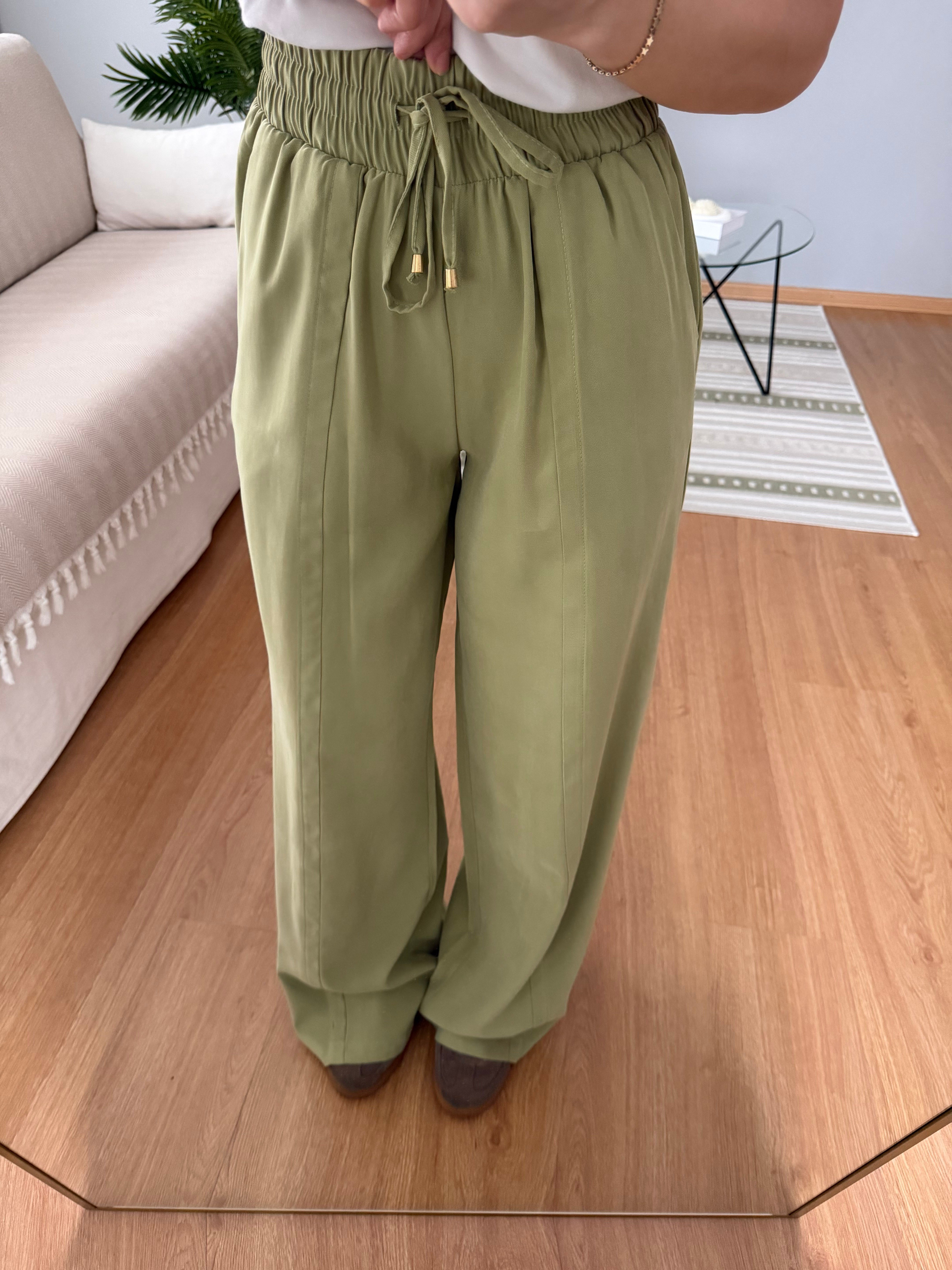 Tencel Beli Lastikli Yeşil Renk Pantolon 