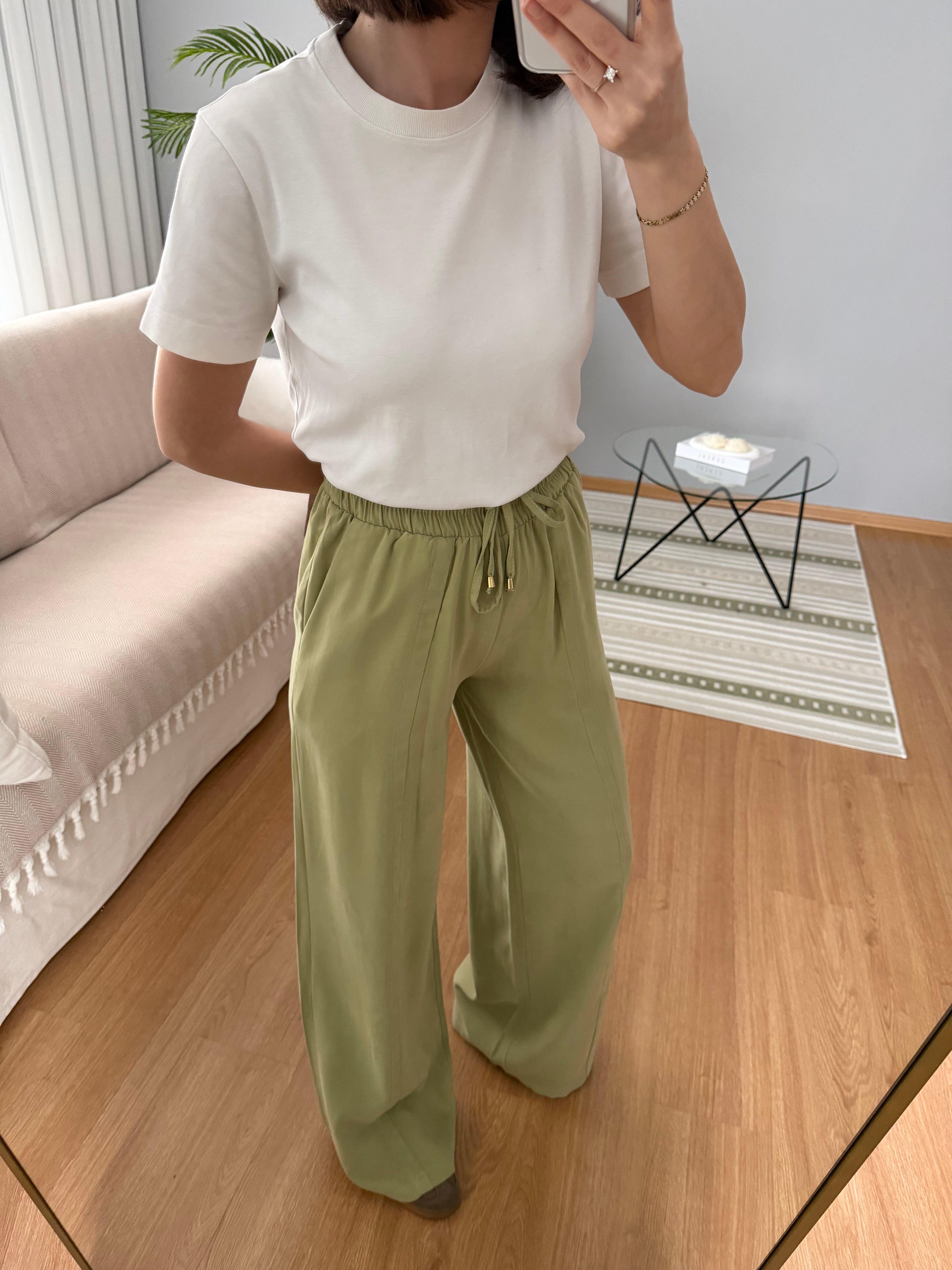 Tencel Beli Lastikli Yeşil Renk Pantolon 