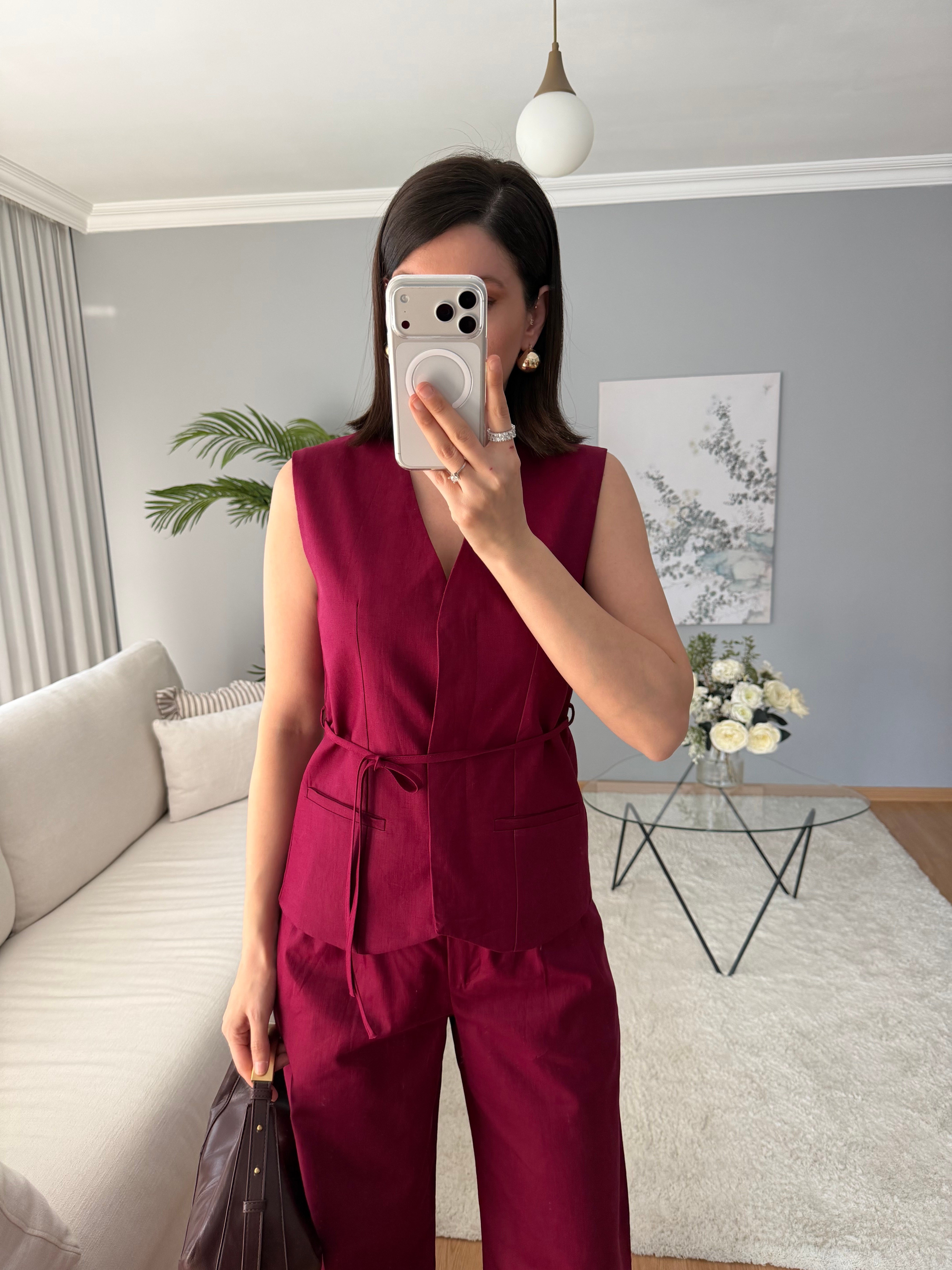 Tulip Bordo Renk Keten Takım