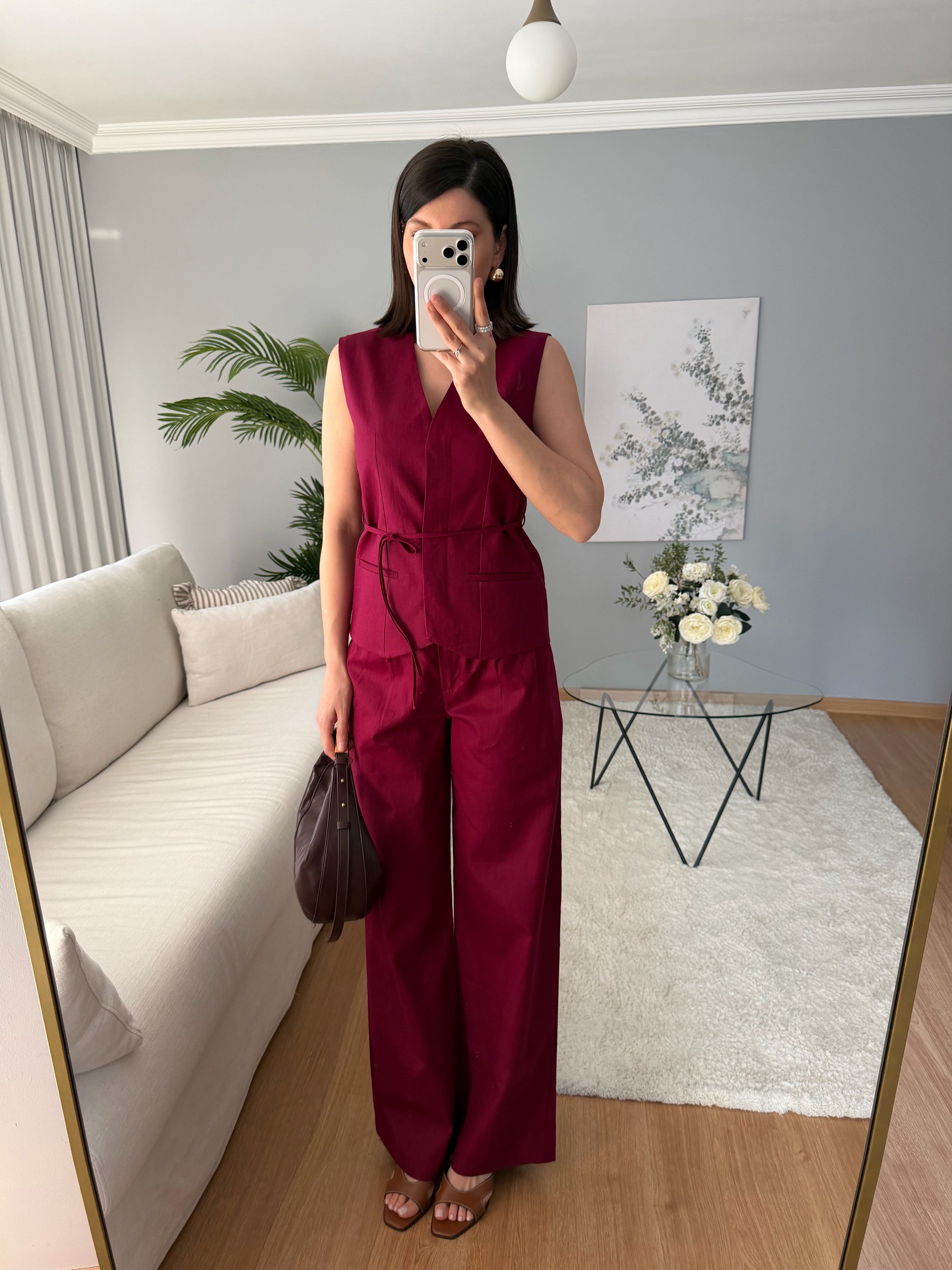 Tulip Bordo Renk Keten Takım