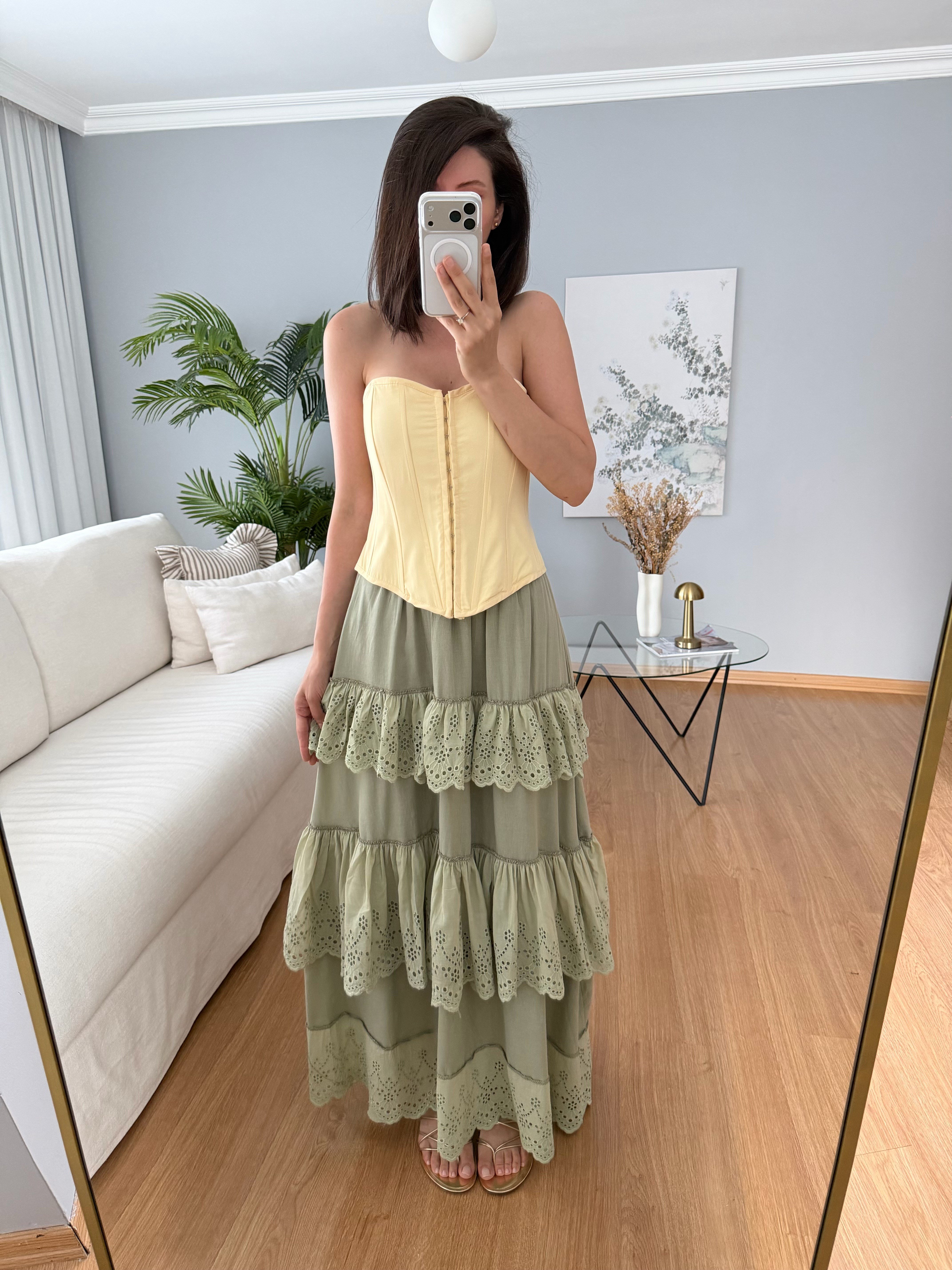 Tuvana Yeşil Renk Katlı Elbise 