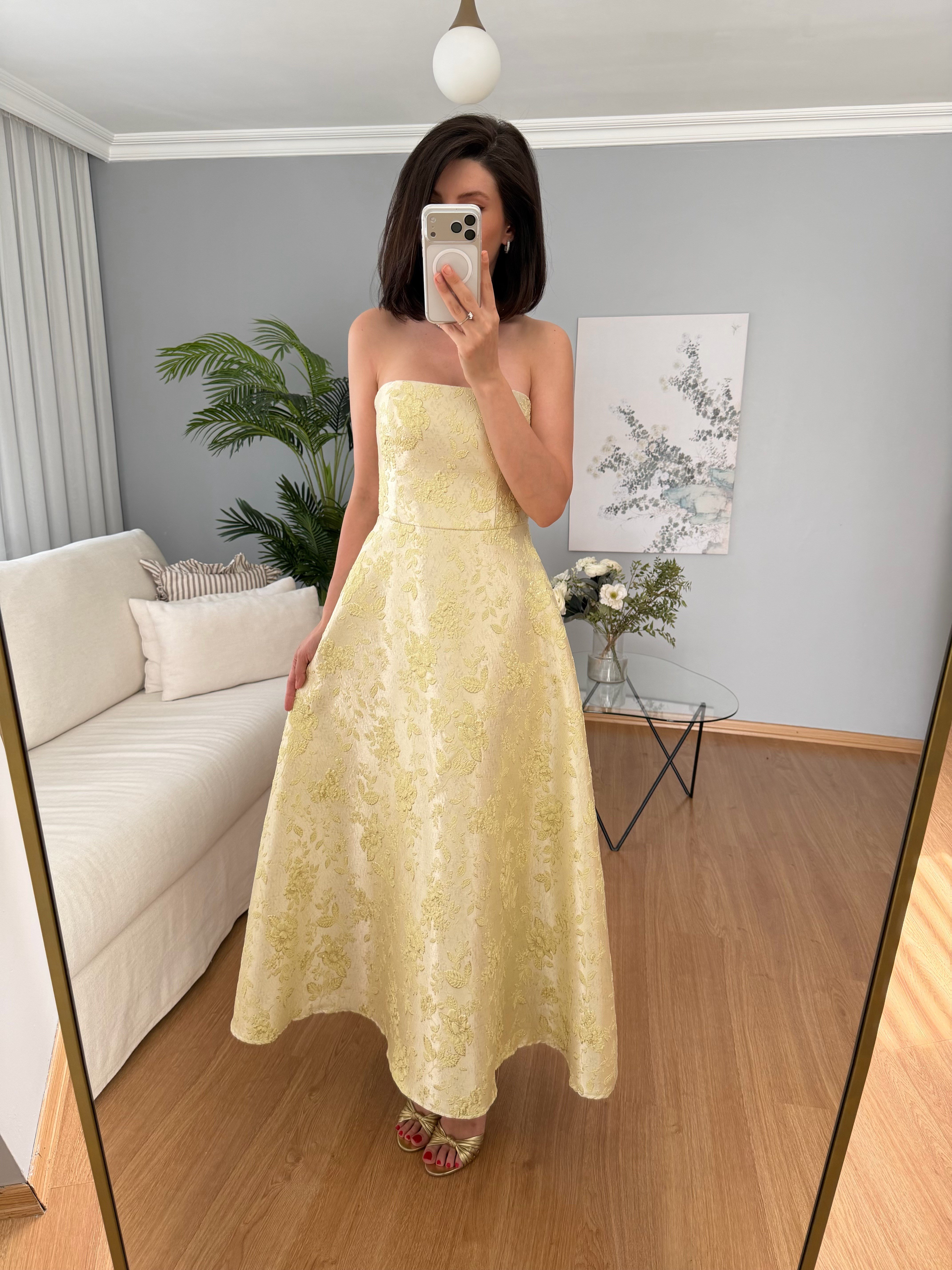 Valentina Sarı Straplez Elbise