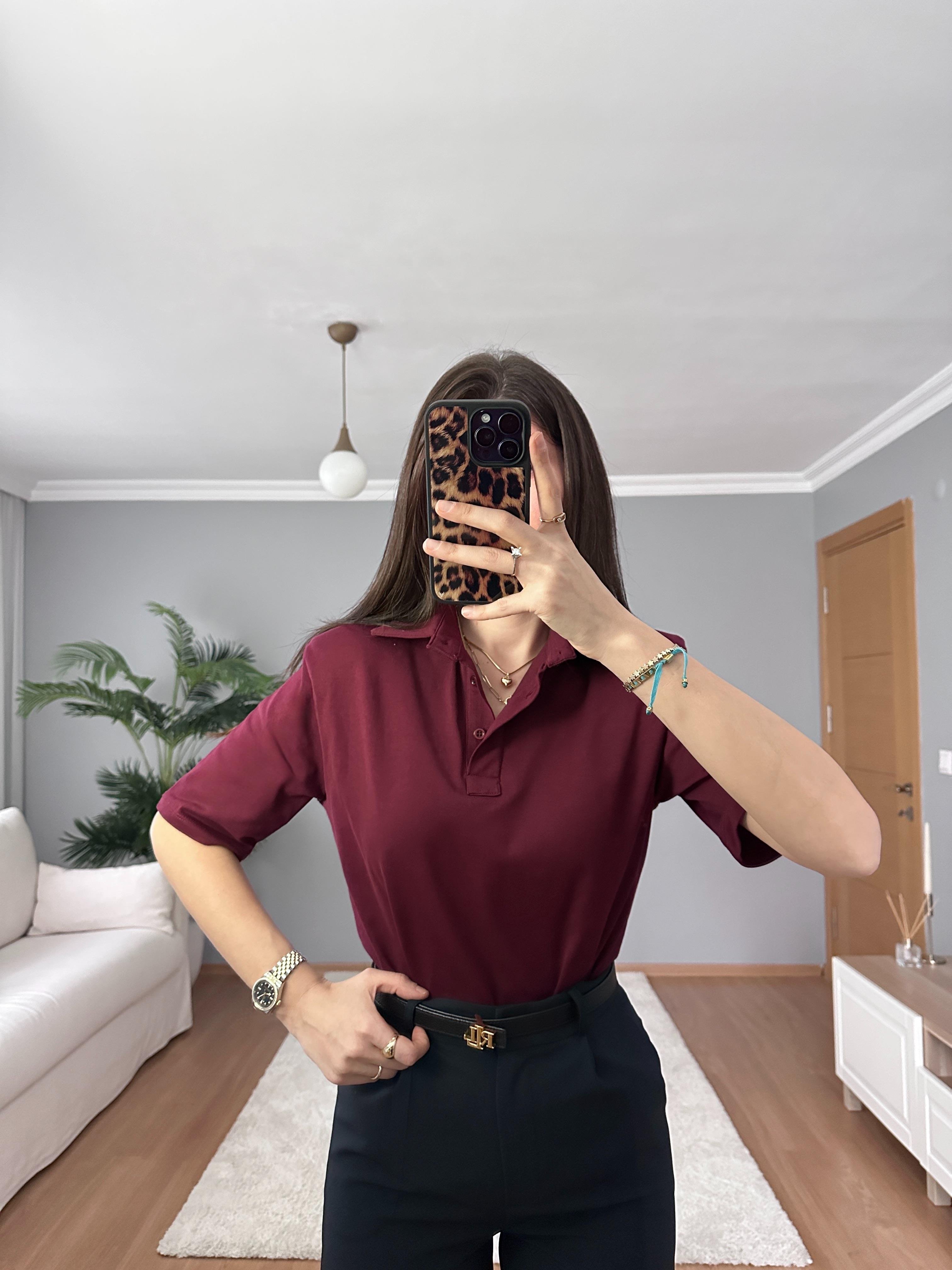 Vatkalı Polo Yaka Bordo Tişört