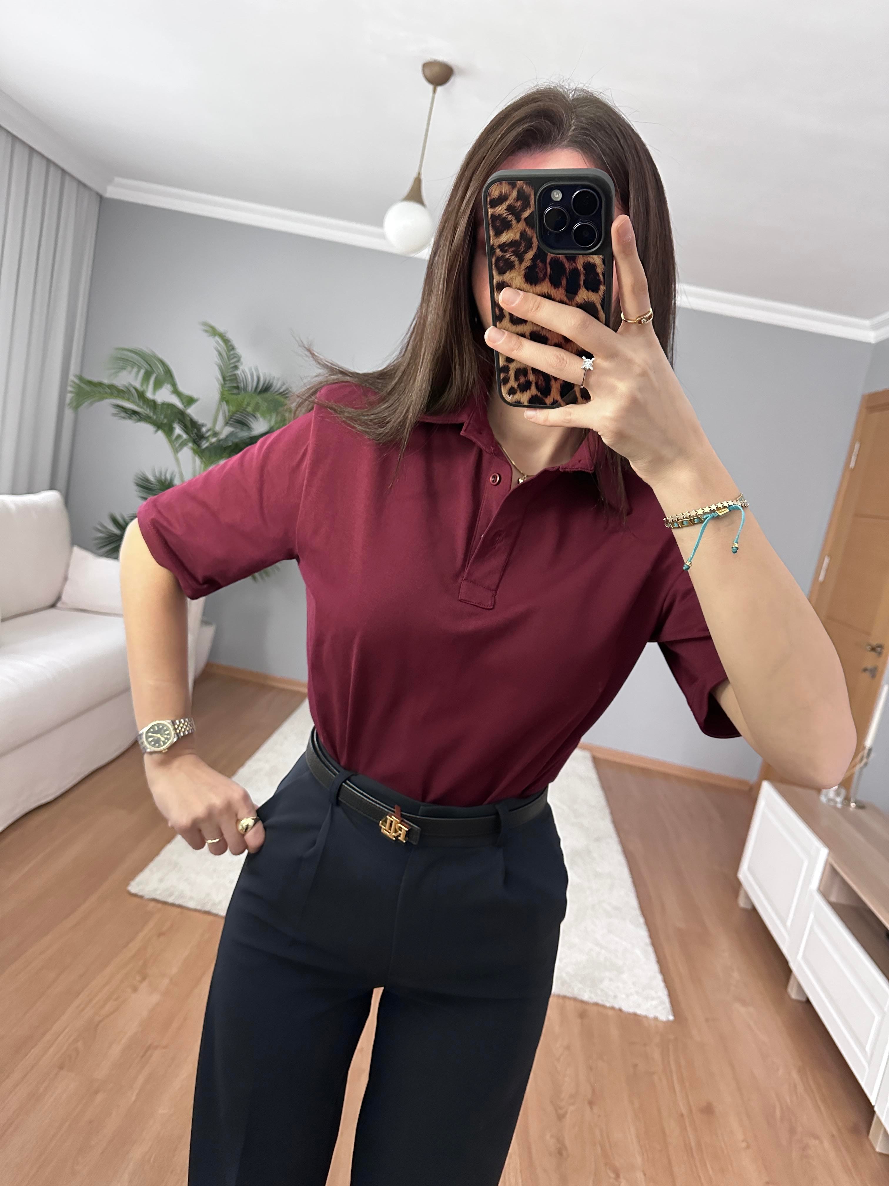 Vatkalı Polo Yaka Bordo Tişört