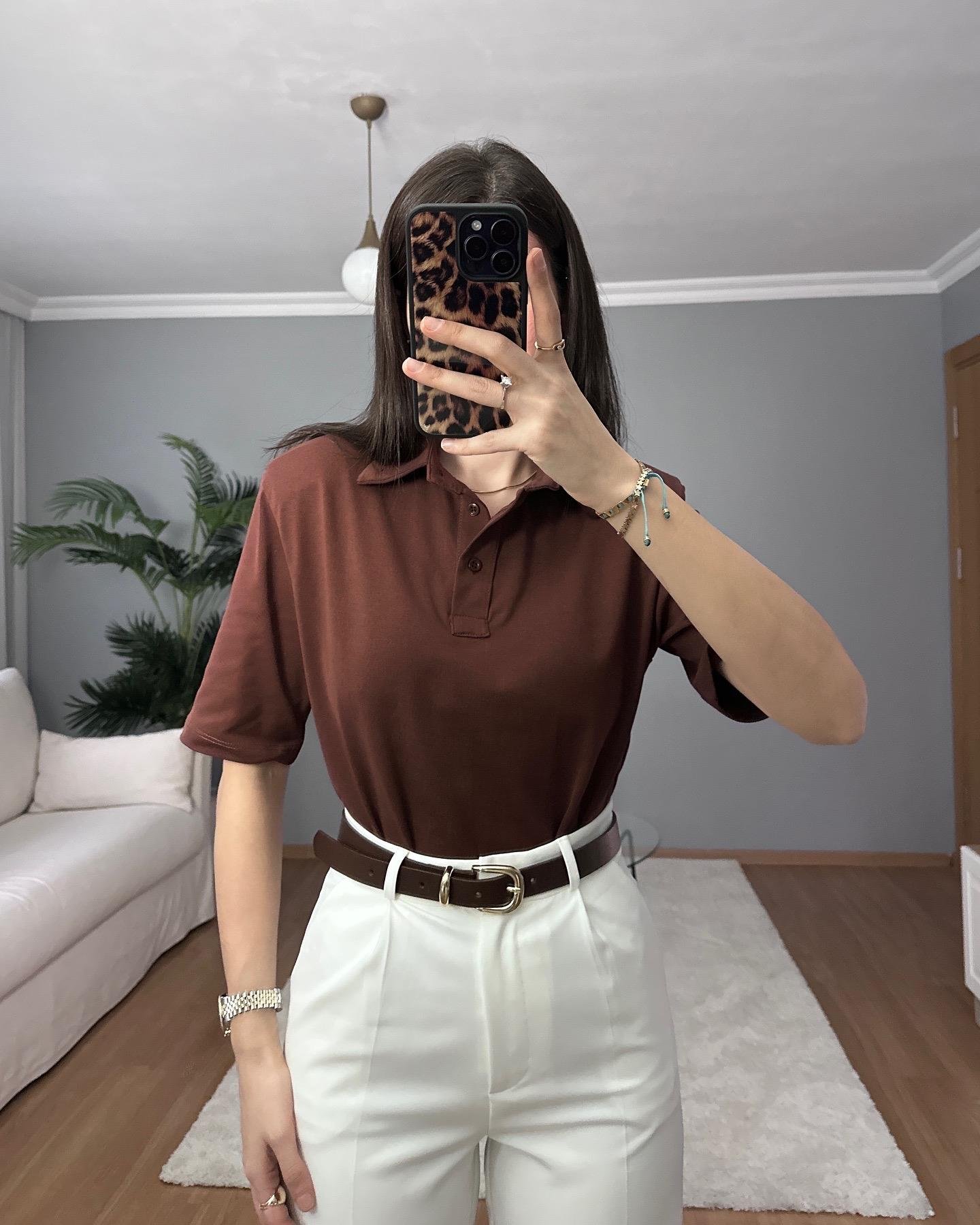 Vatkalı Polo Yaka Kahve Tişört