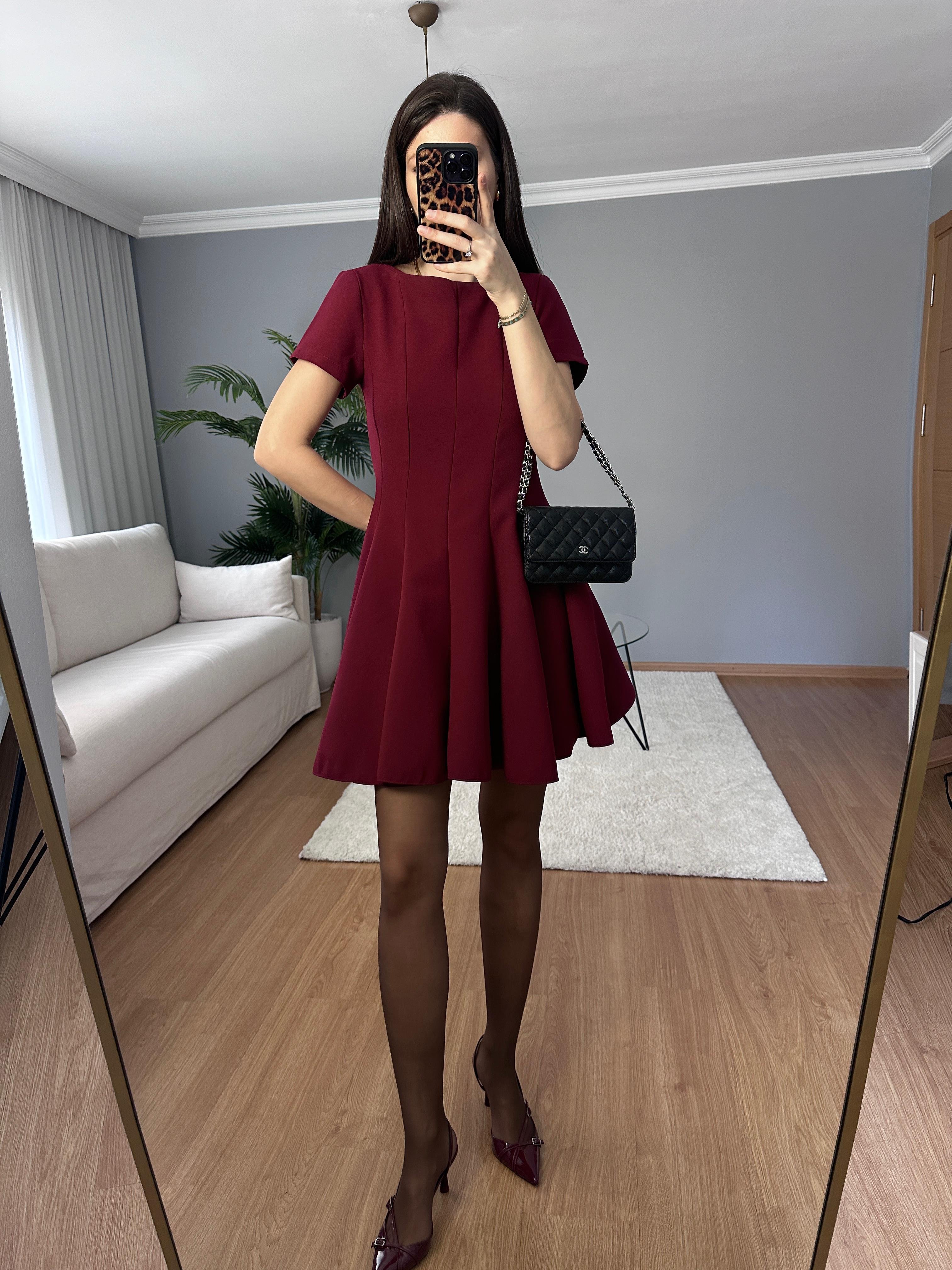 Volanlı Bordo Elbise