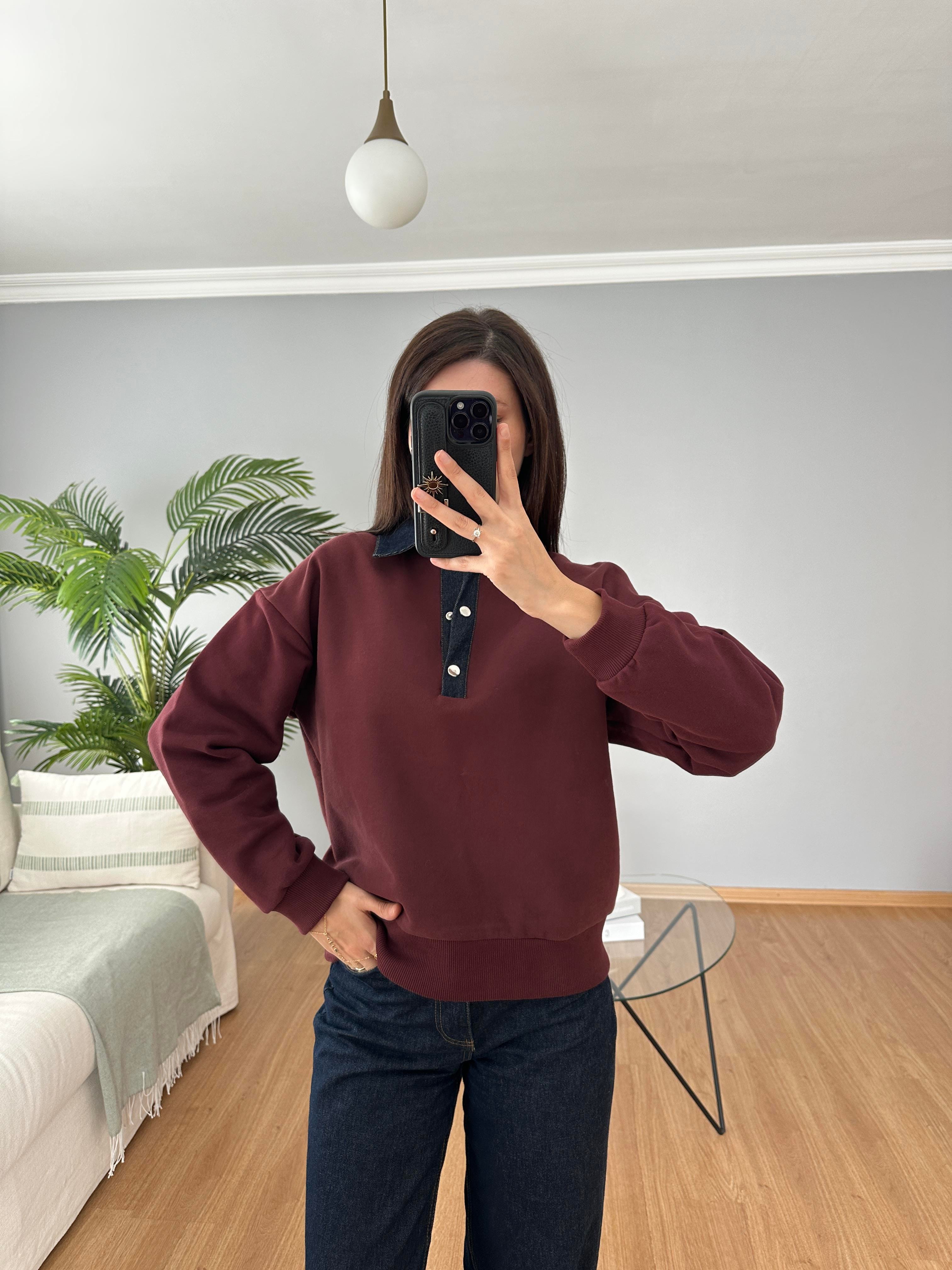 Yakası Denim Bordo Sweatshirt 