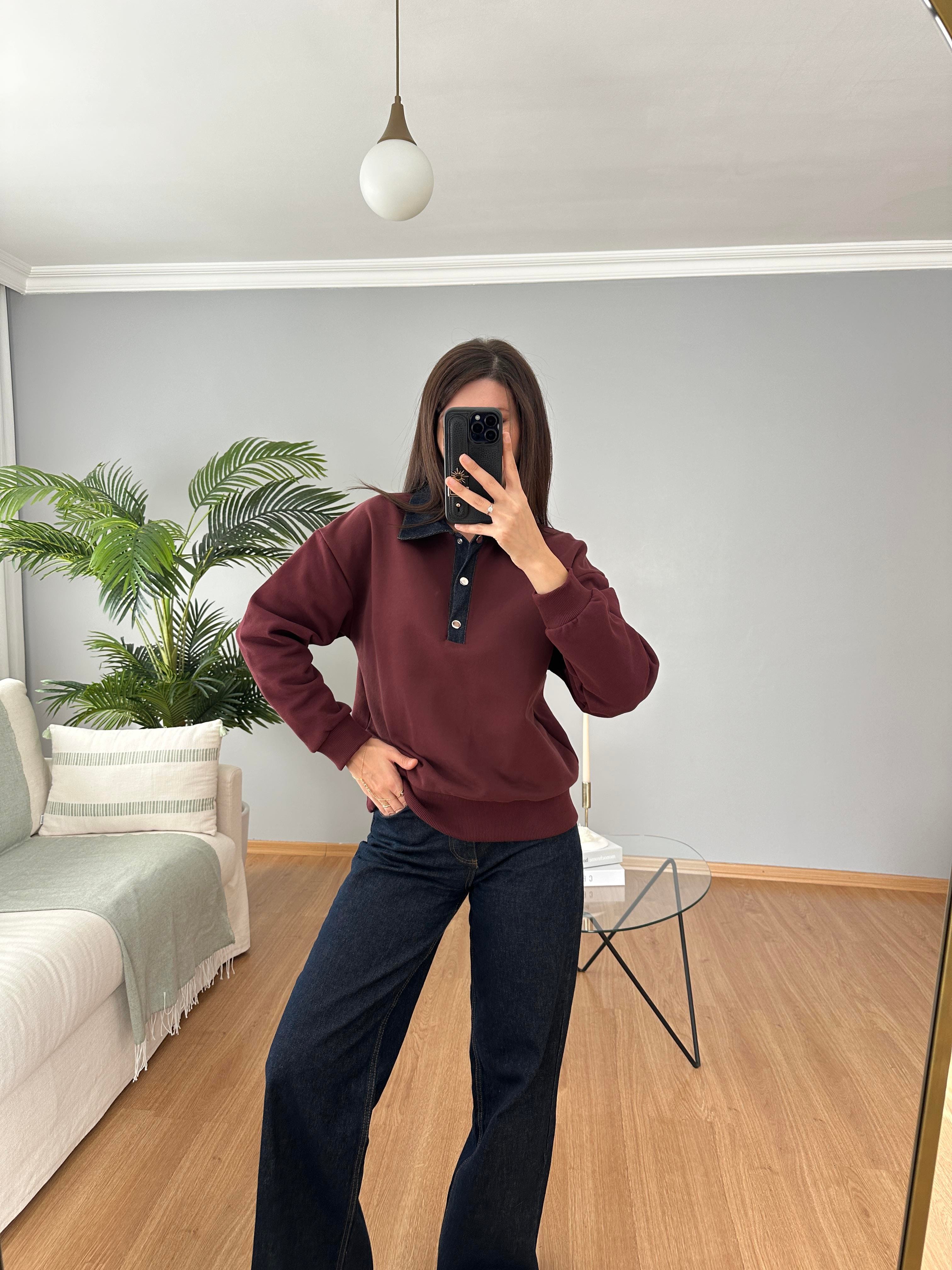 Yakası Denim Bordo Sweatshirt 