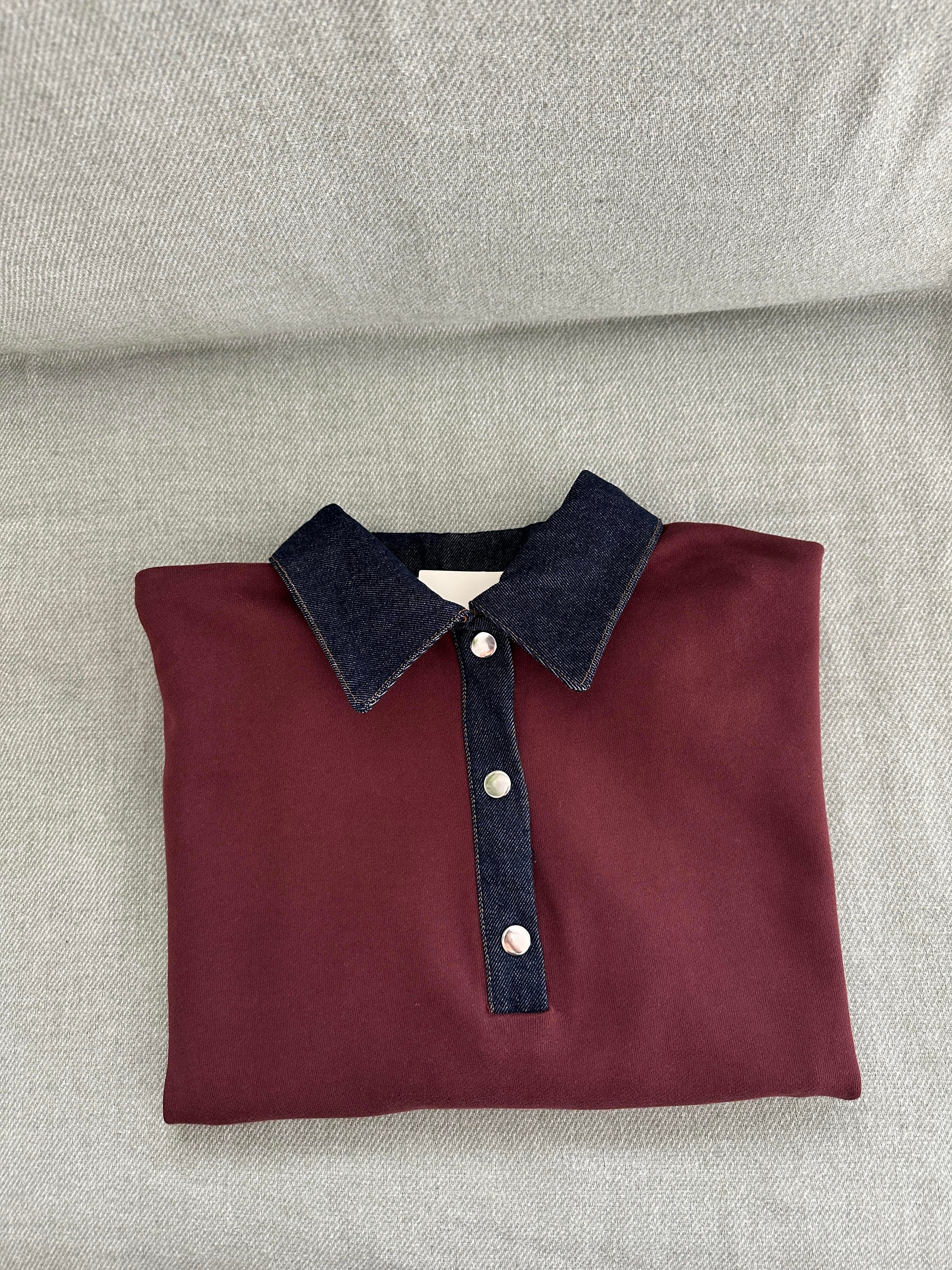 Yakası Denim Bordo Sweatshirt 
