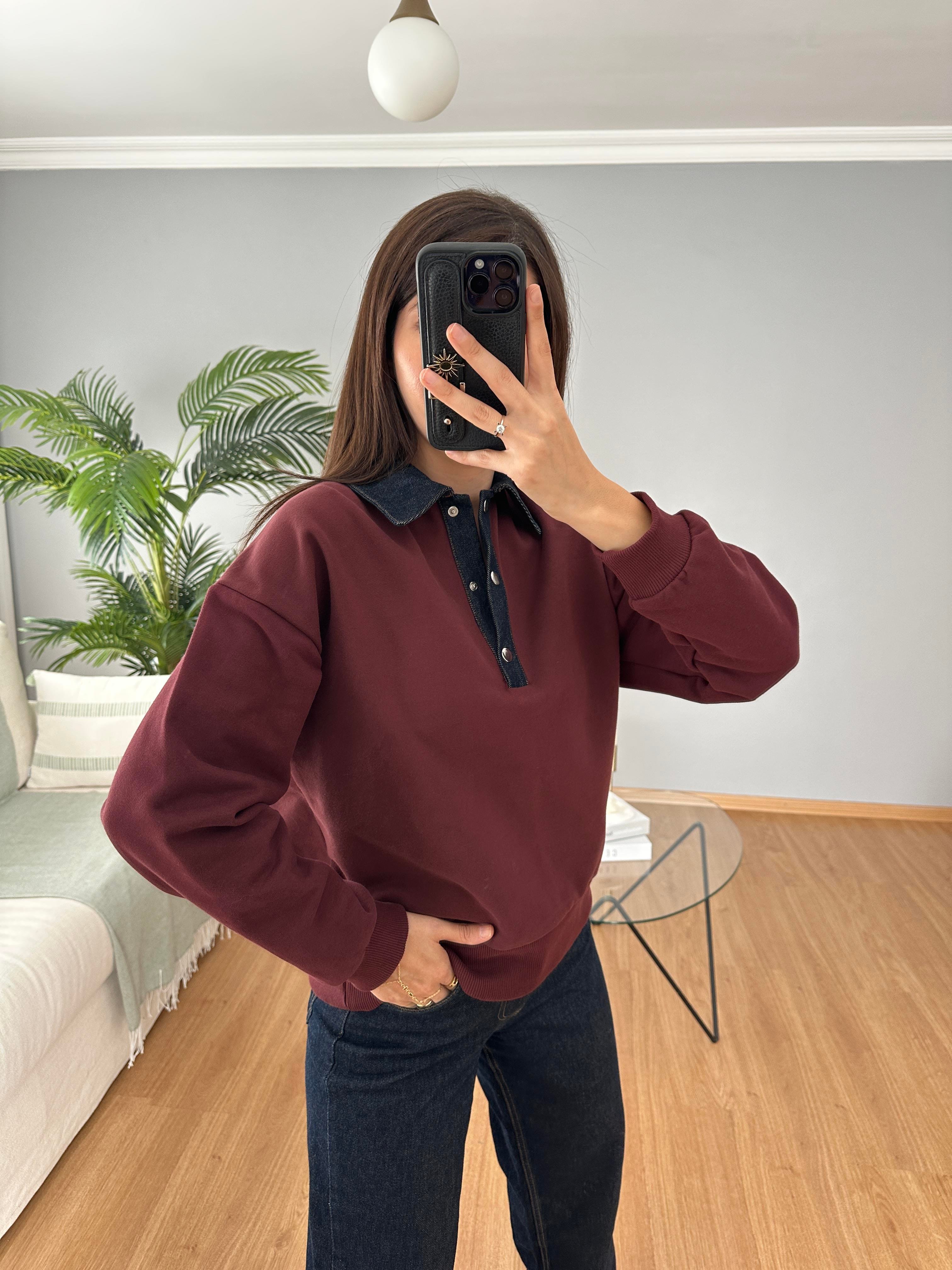Yakası Denim Bordo Sweatshirt 