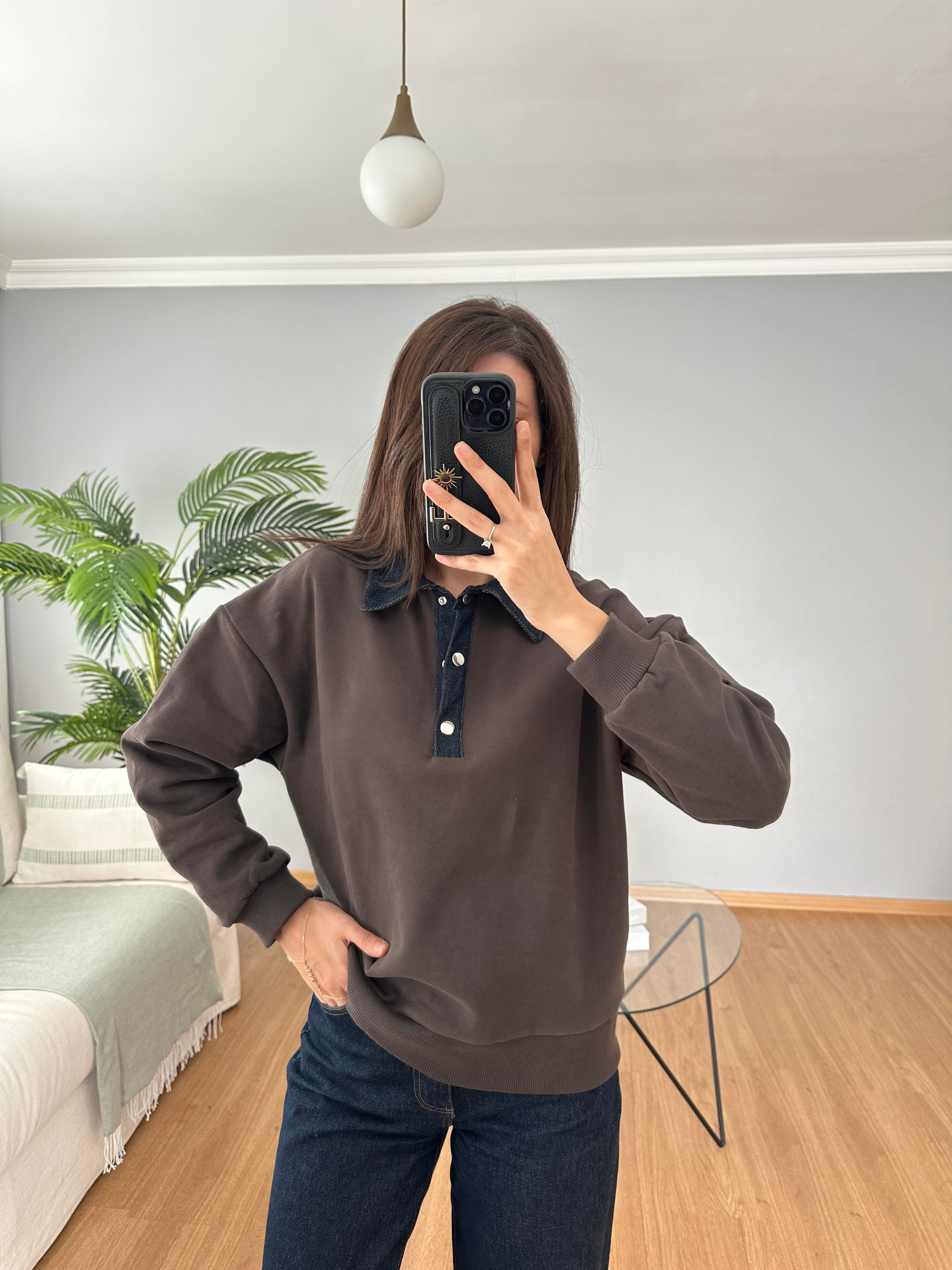 Yakası Denim Kahve Sweatshirt 