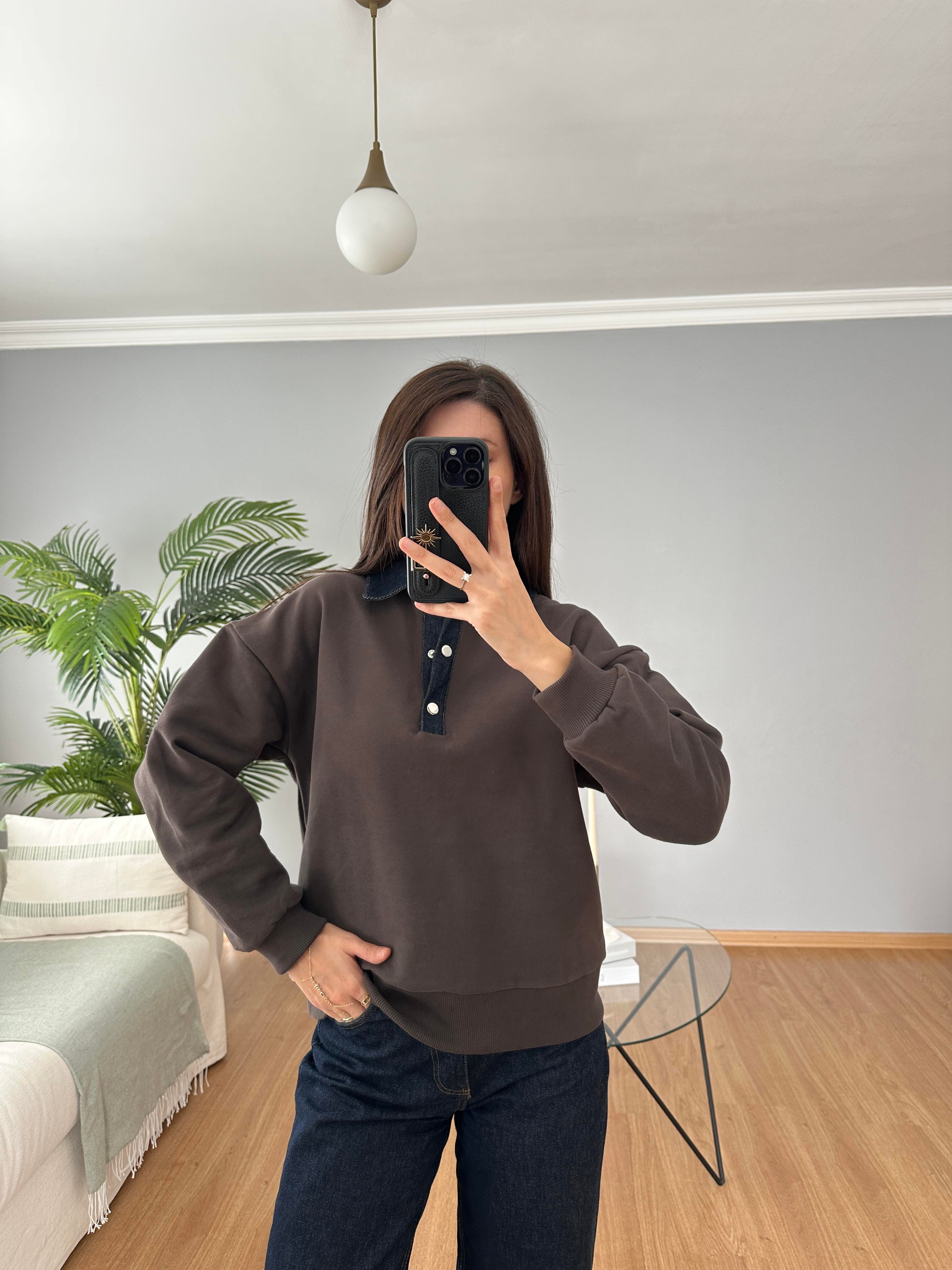 Yakası Denim Kahve Sweatshirt 