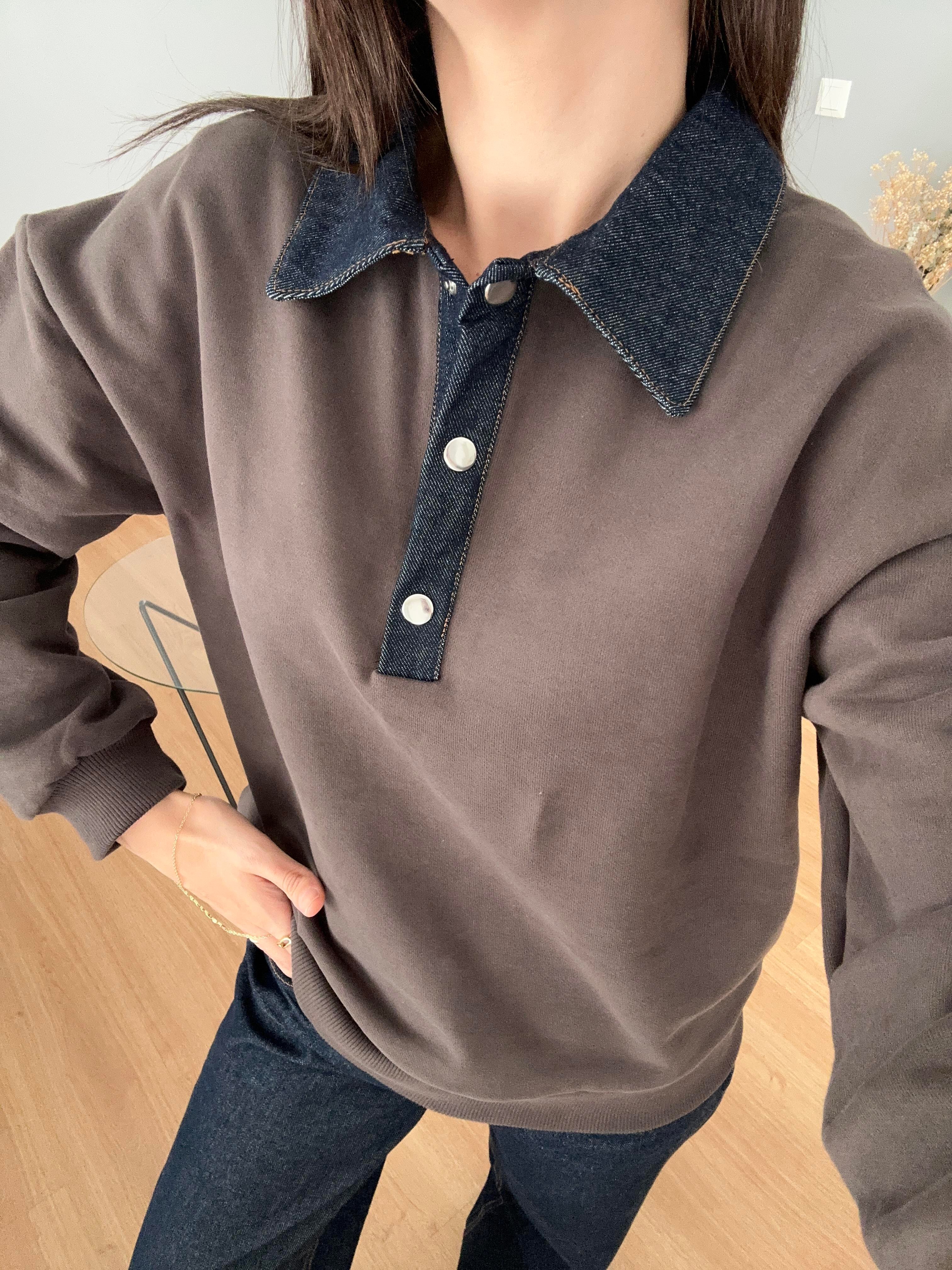 Yakası Denim Kahve Sweatshirt 