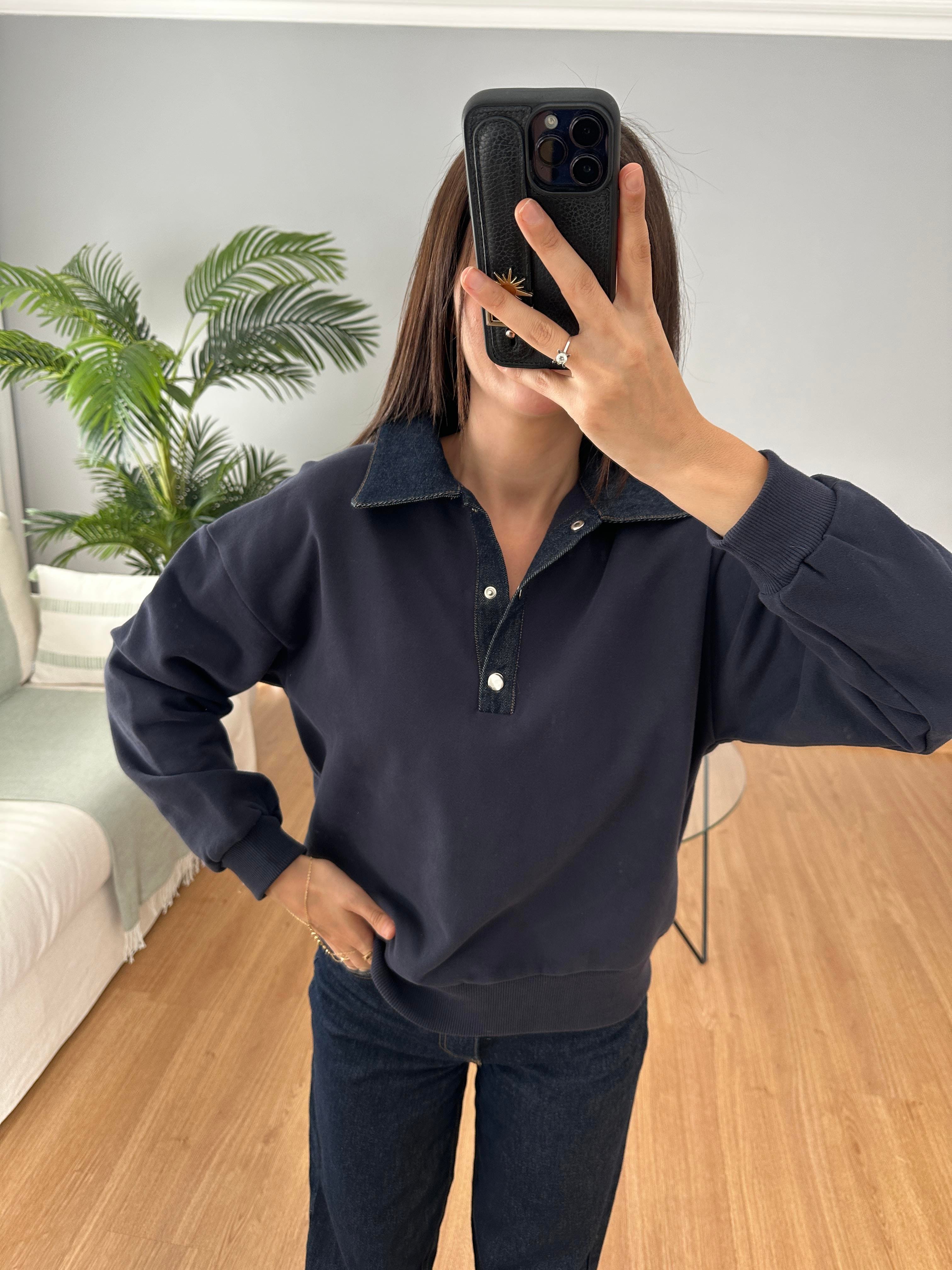 Yakası Denim Lacivert Sweatshirt 