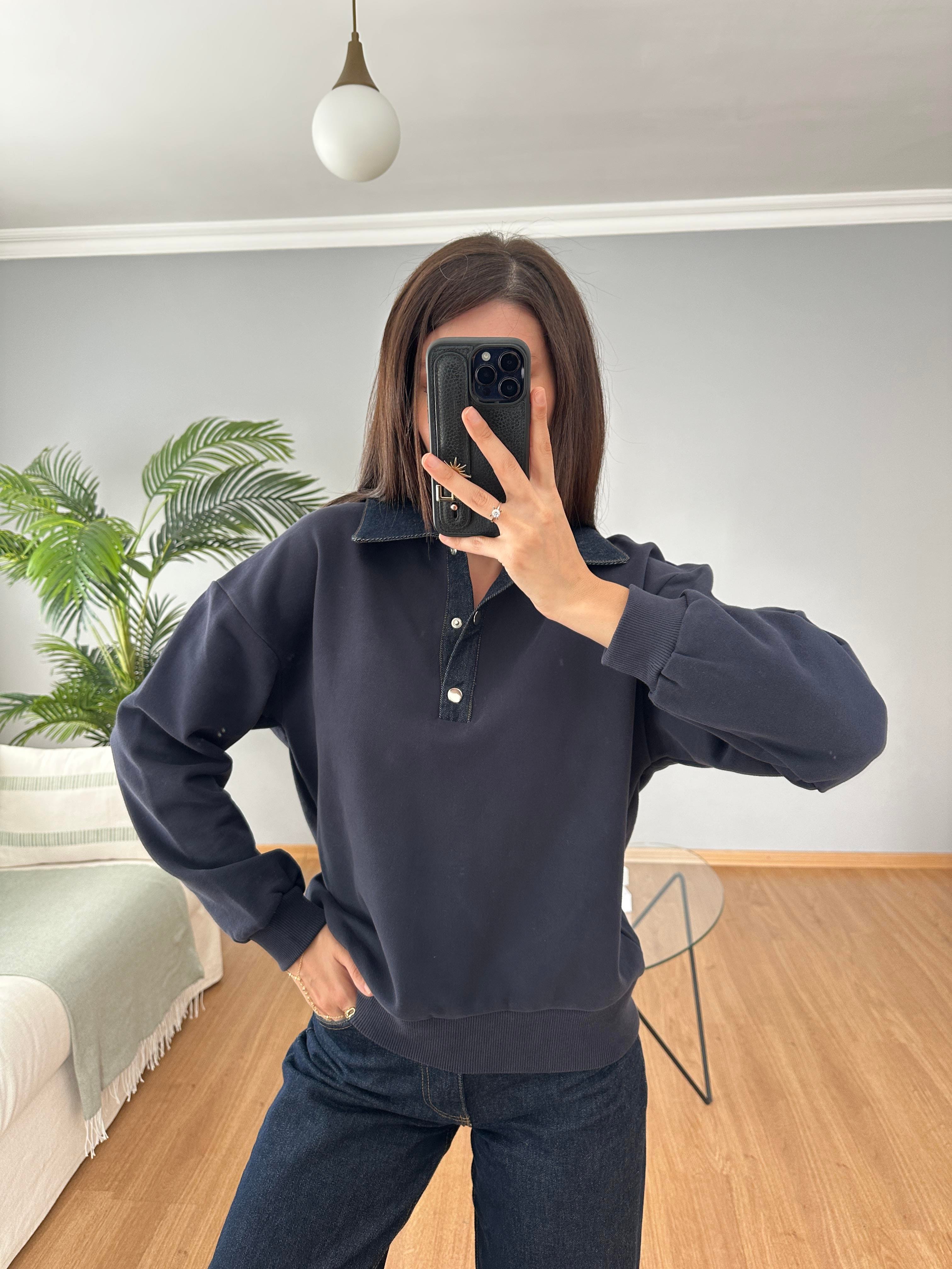 Yakası Denim Lacivert Sweatshirt 