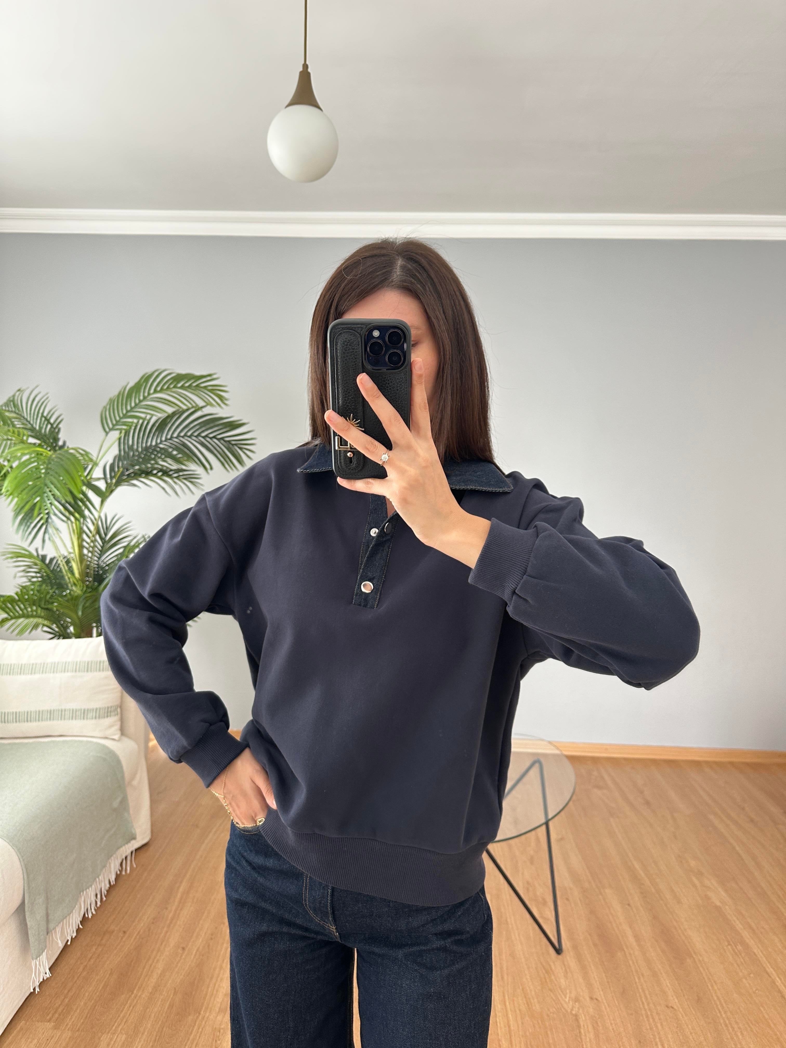 Yakası Denim Lacivert Sweatshirt 