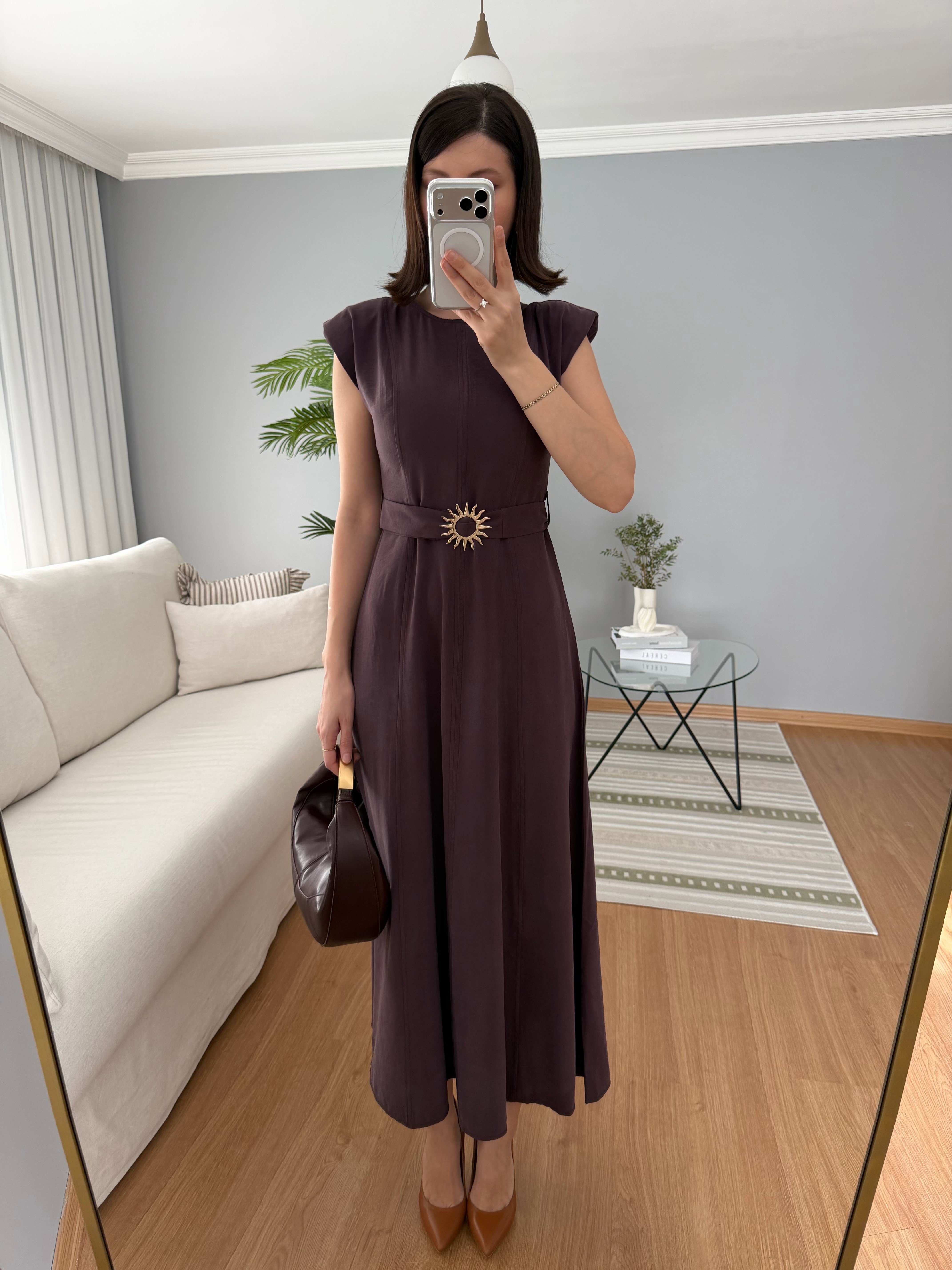 Yıldız Kemerli Bordo Tencel Elbise