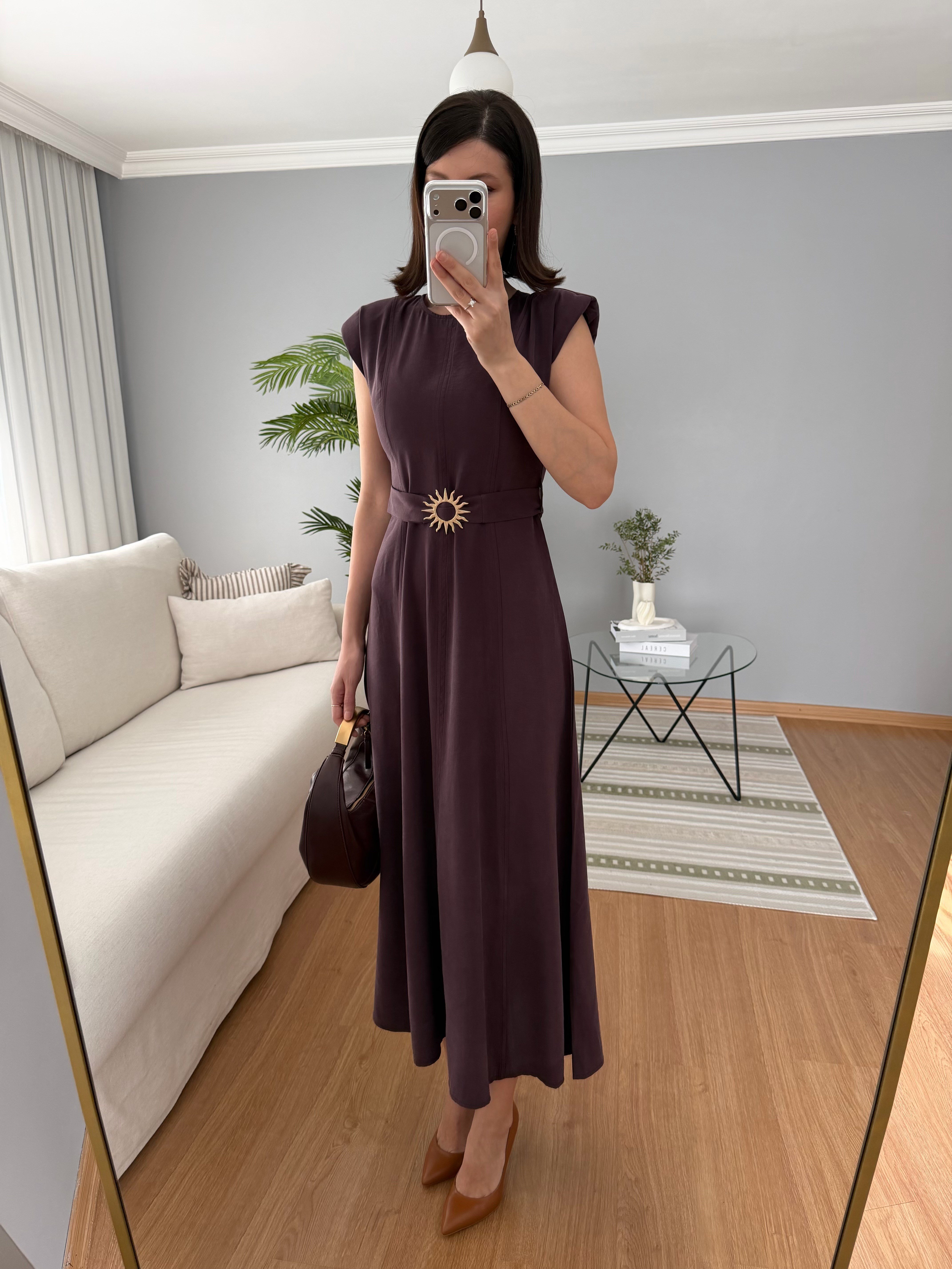 Yıldız Kemerli Bordo Tencel Elbise