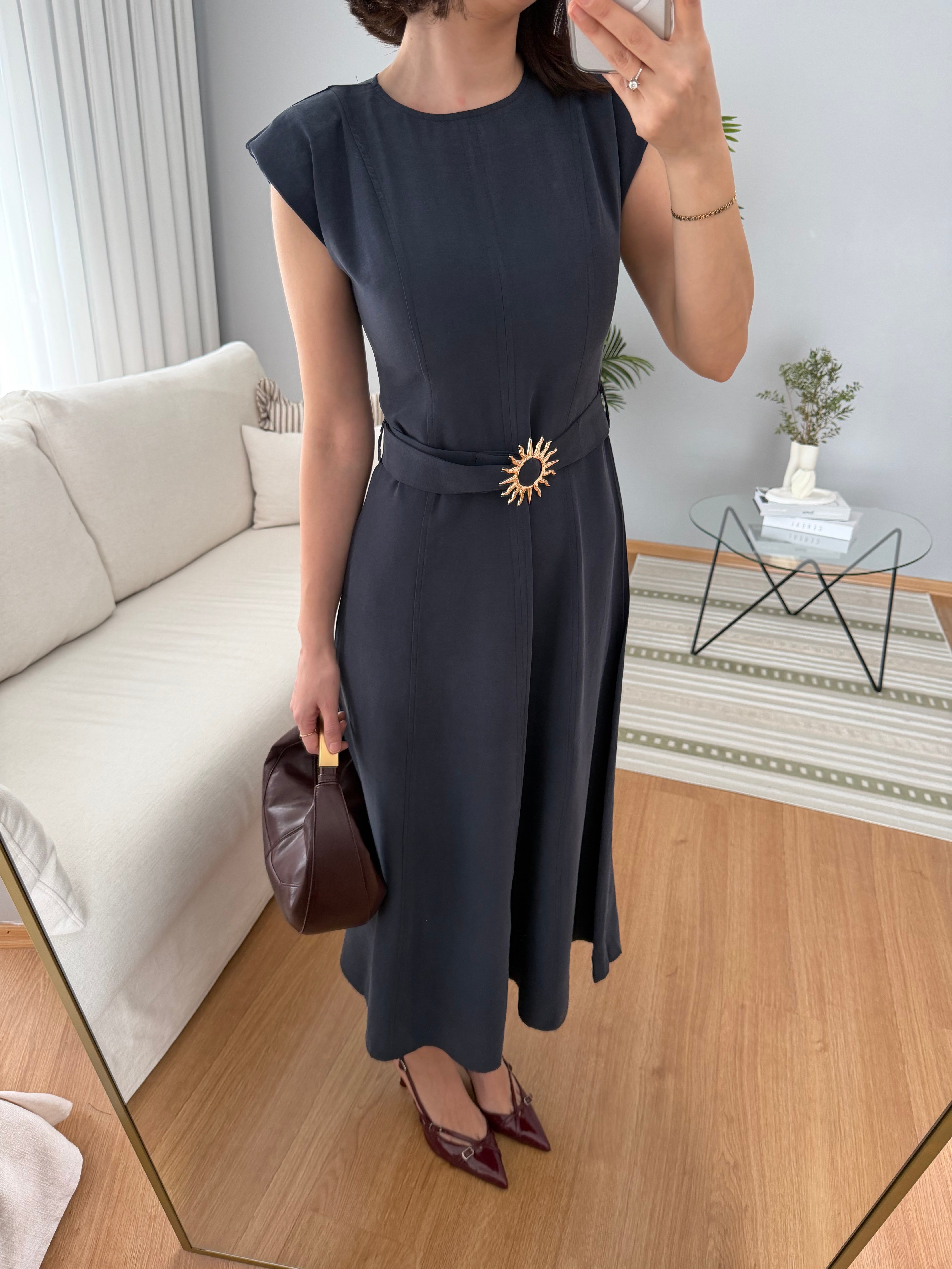 Yıldız Kemerli Lacivert Tencel Elbise