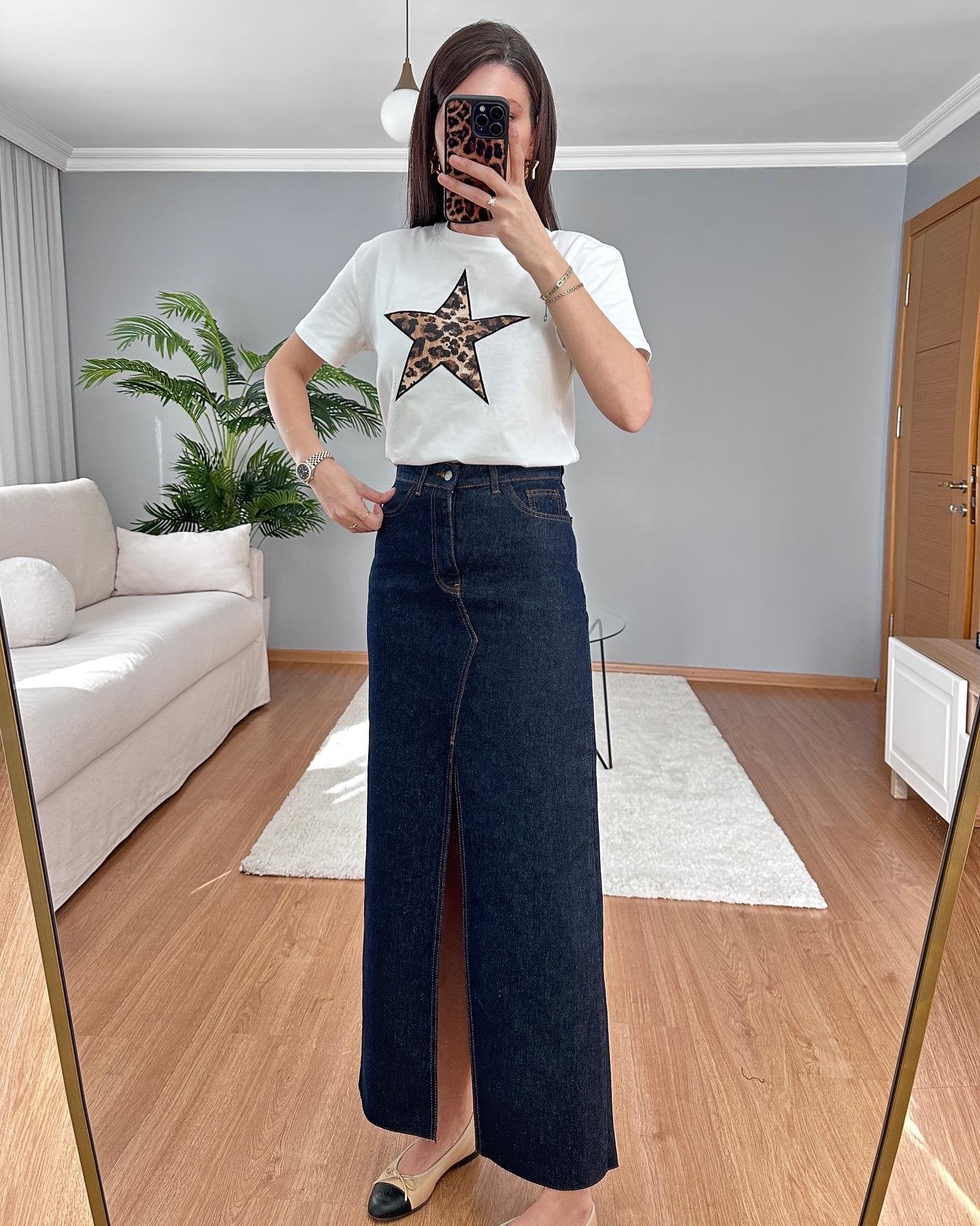 Yırtmaçlı Denim Etek