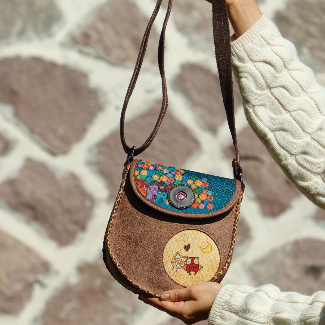 Baykuş Figürlü Çapraz Örgülü Kol Çantası Etnik Bohem Style - Kahverengi