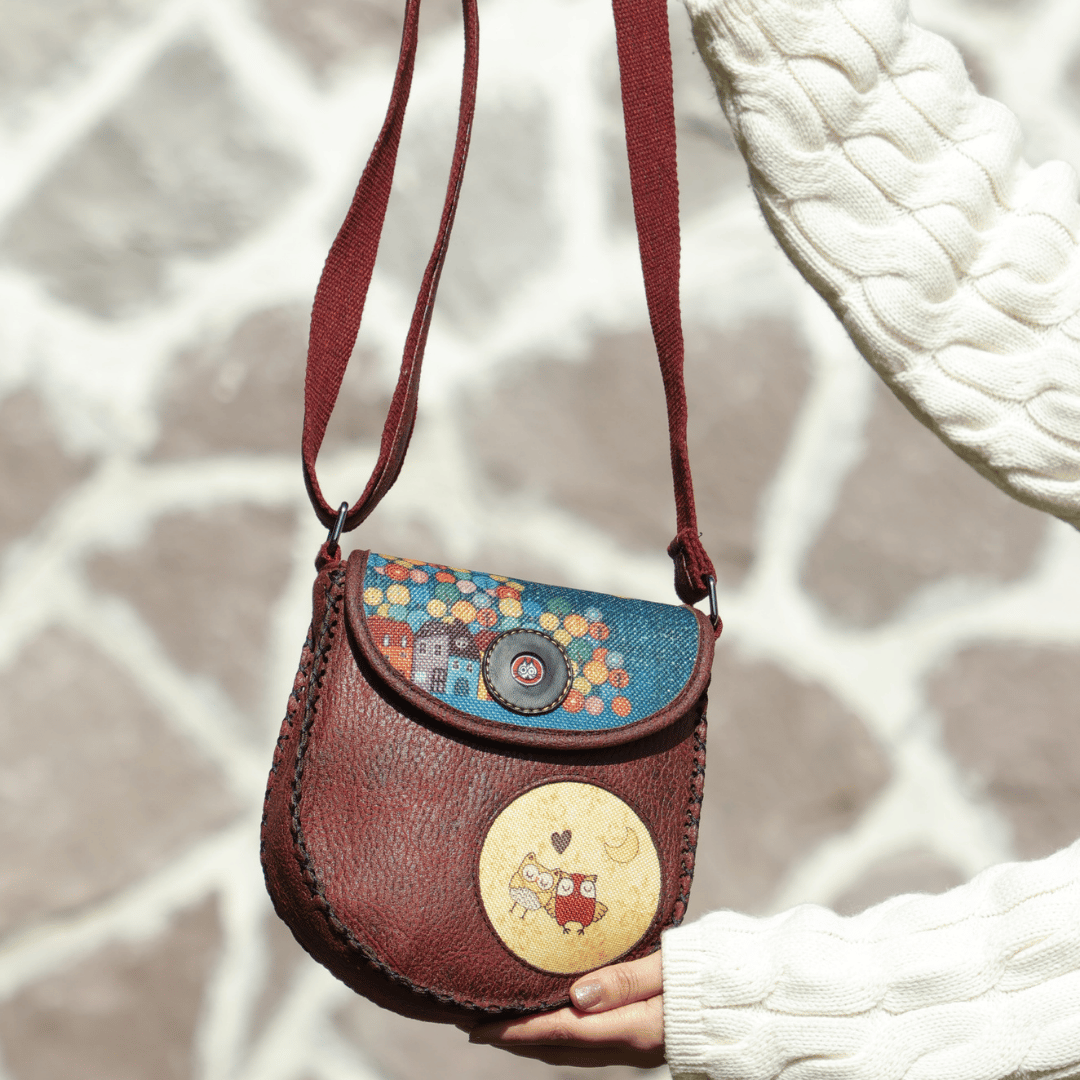 Baykuş Figürlü Çapraz Örgülü Kol Çantası Etnik Bohem Style - Bordo