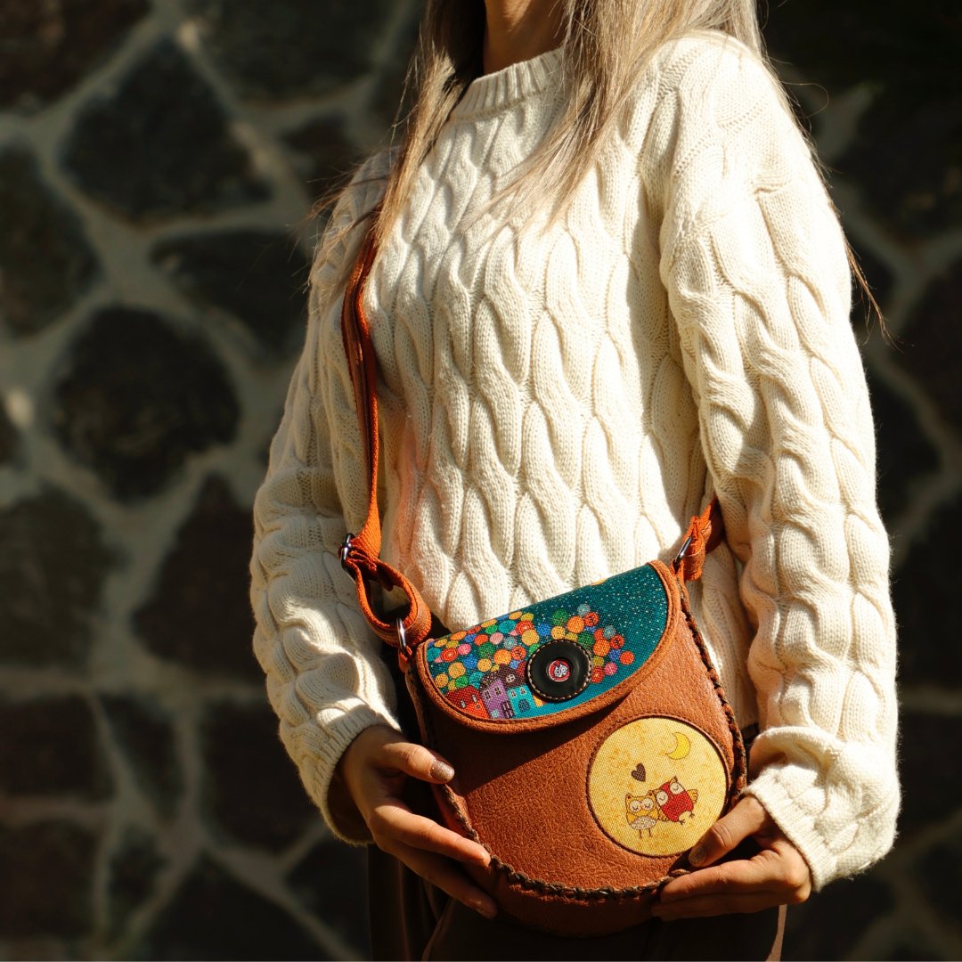 Baykuş Figürlü Çapraz Örgülü Kol Çantası Etnik Bohem Style - Taba