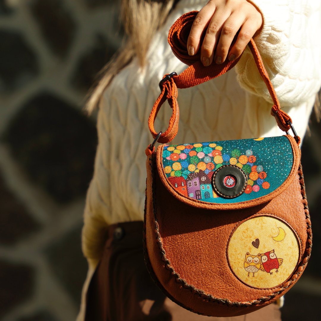 Baykuş Figürlü Çapraz Örgülü Kol Çantası Etnik Bohem Style - Taba