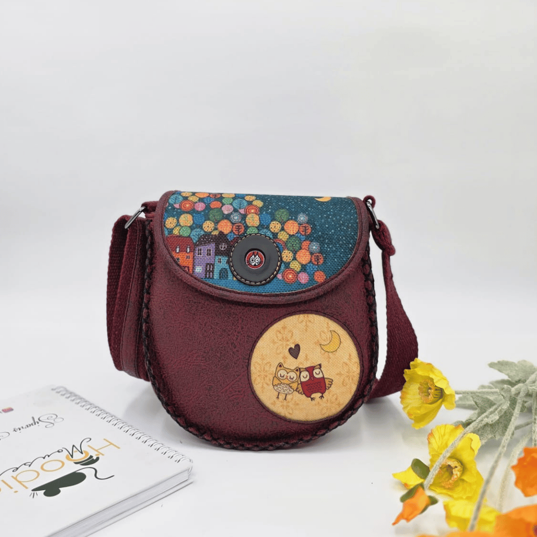 Baykuş Figürlü Çapraz Örgülü Kol Çantası Etnik Bohem Style - Bordo