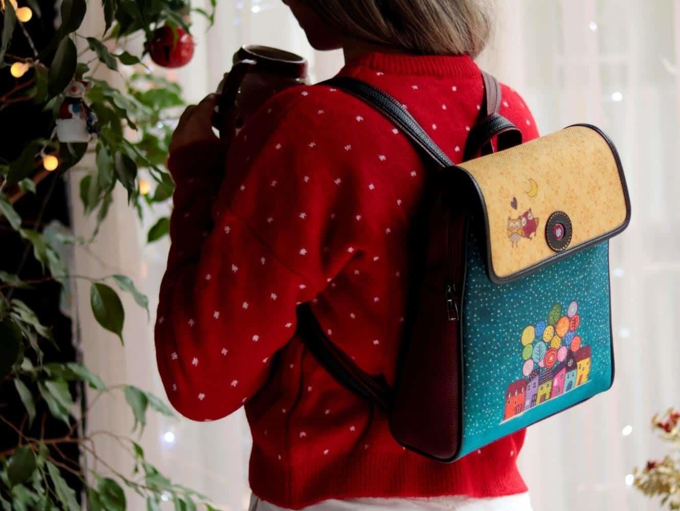 Baykuş Figürlü Kapaklı Sırt Çantası Etnik Bohem Style - BORDO