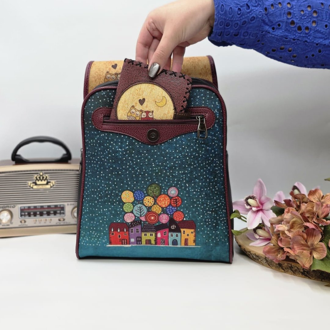 Baykuş Figürlü Kapaklı Sırt Çantası Siyah, Cüzdan Bordo Etnik Bohem Style Cüzdan Kombin