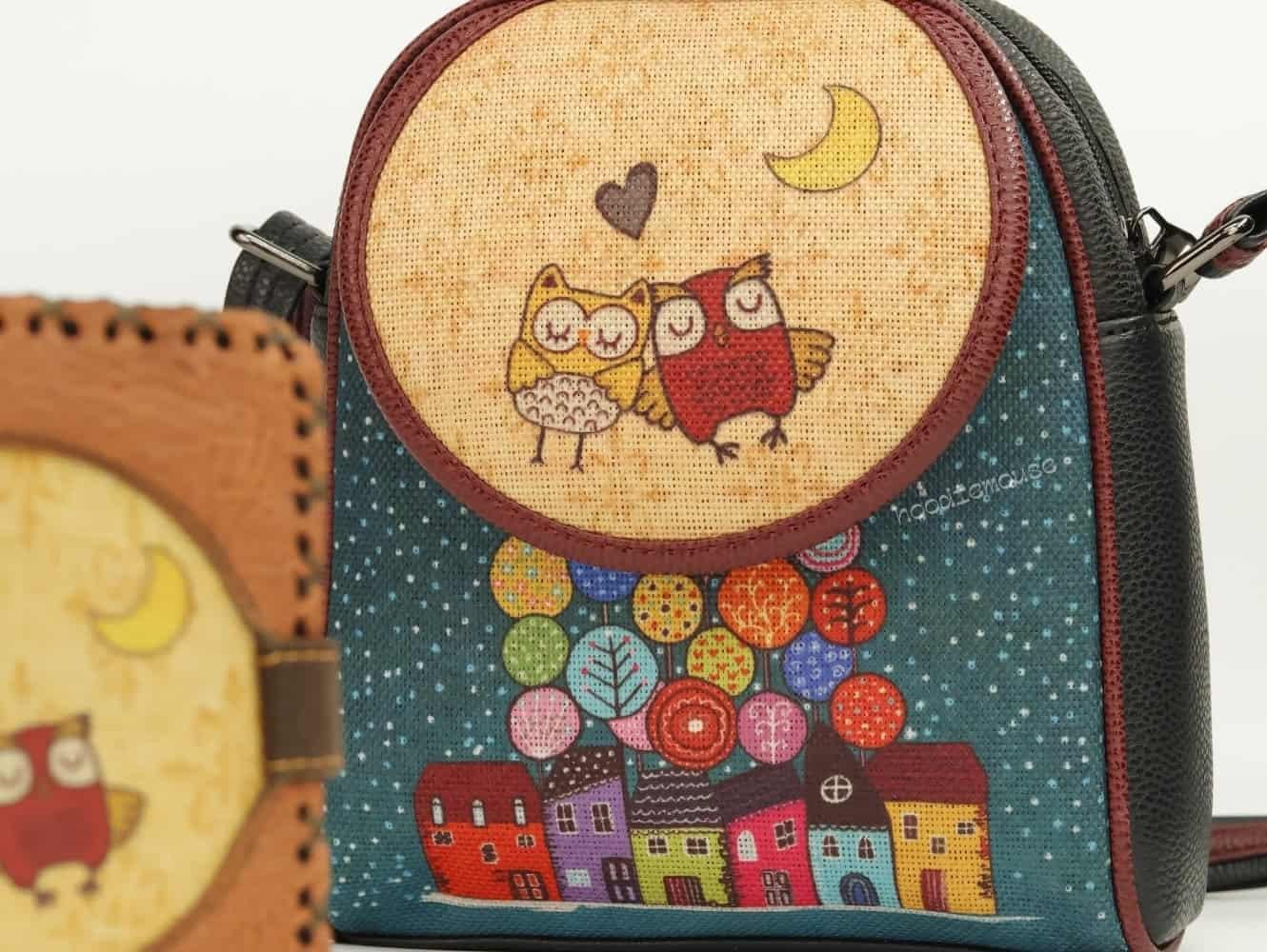Baykuş Figürlü Küçük Postacı Çanta ve Küçük Cüzdan Kombin (Çanta Siyah, Cüzdan Taba)