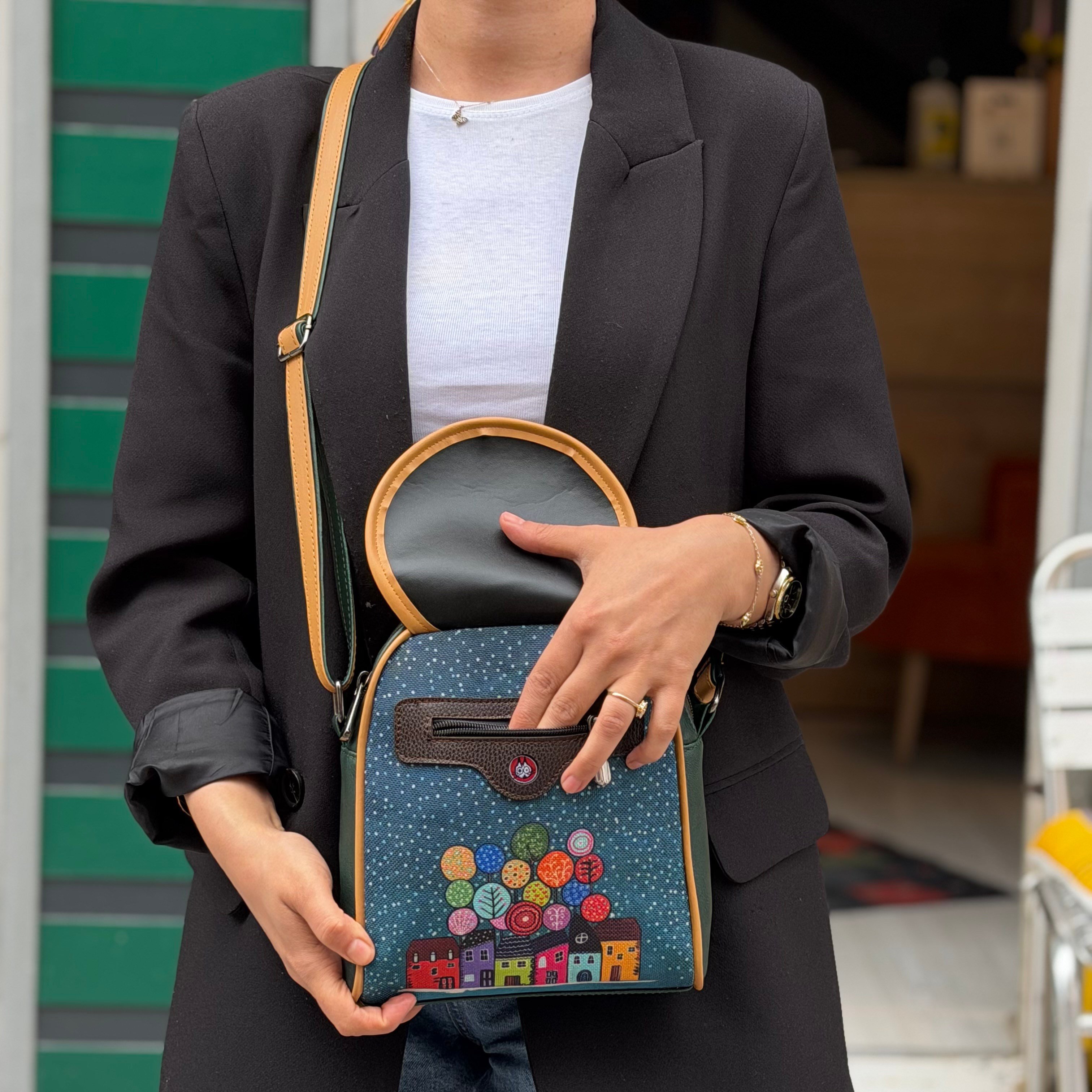 Baykuş Figürlü Küçük Postacı Omuz Çantası Etnik Bohem Style  Küçük Cüzdan Kombin - Yesil