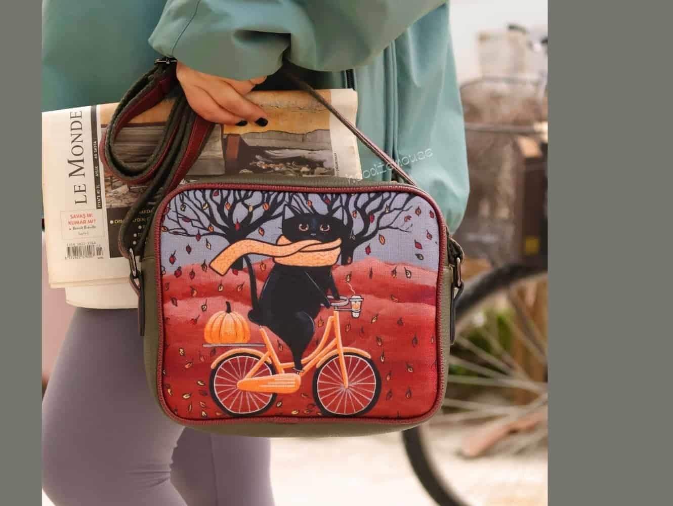 Bisiklet Tasarımlı Orta Boy Postacı Çanta / Yeşil