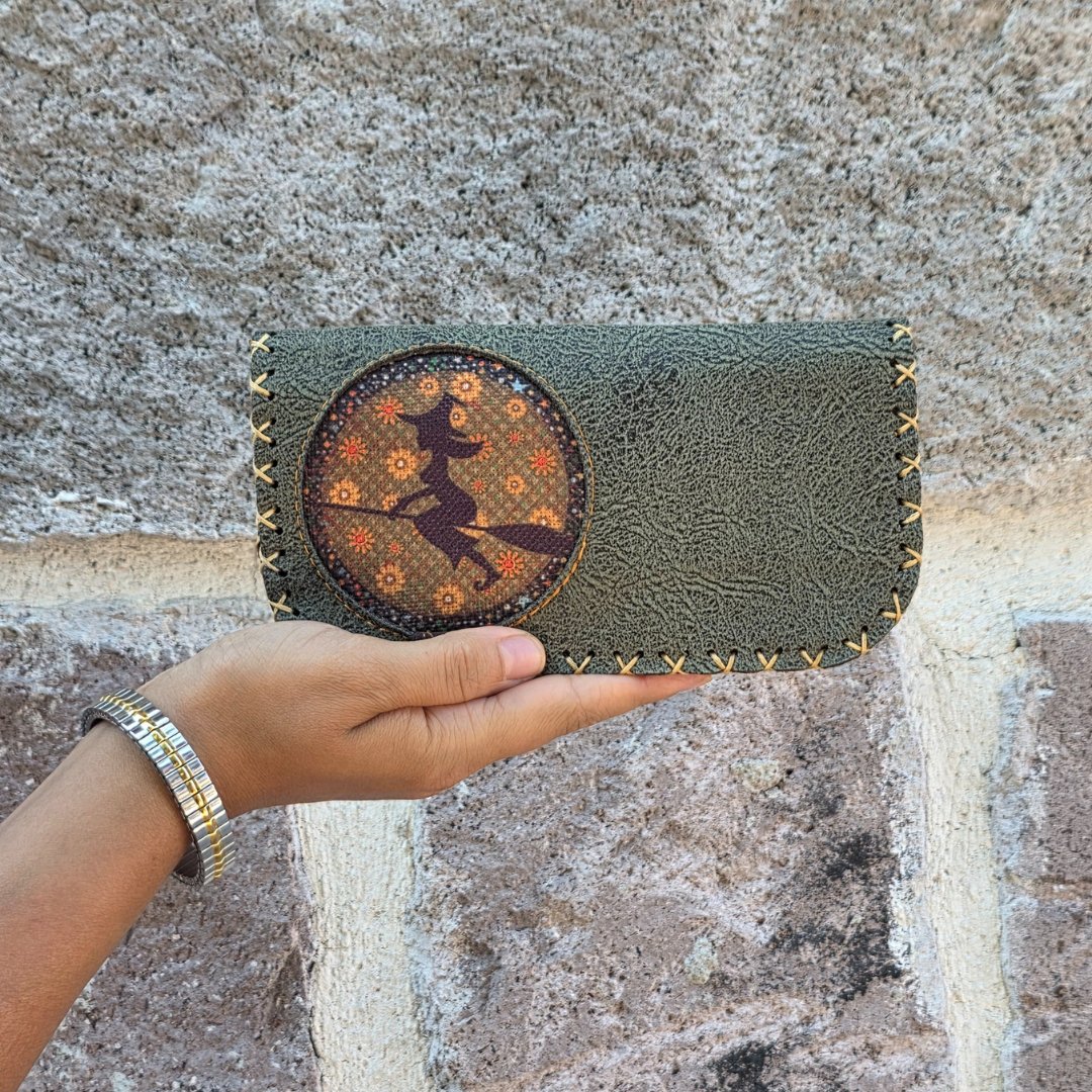 Cadı Figürlü Büyük Cüzdan Etnik Bohem Retro Vintage Style - YESİL