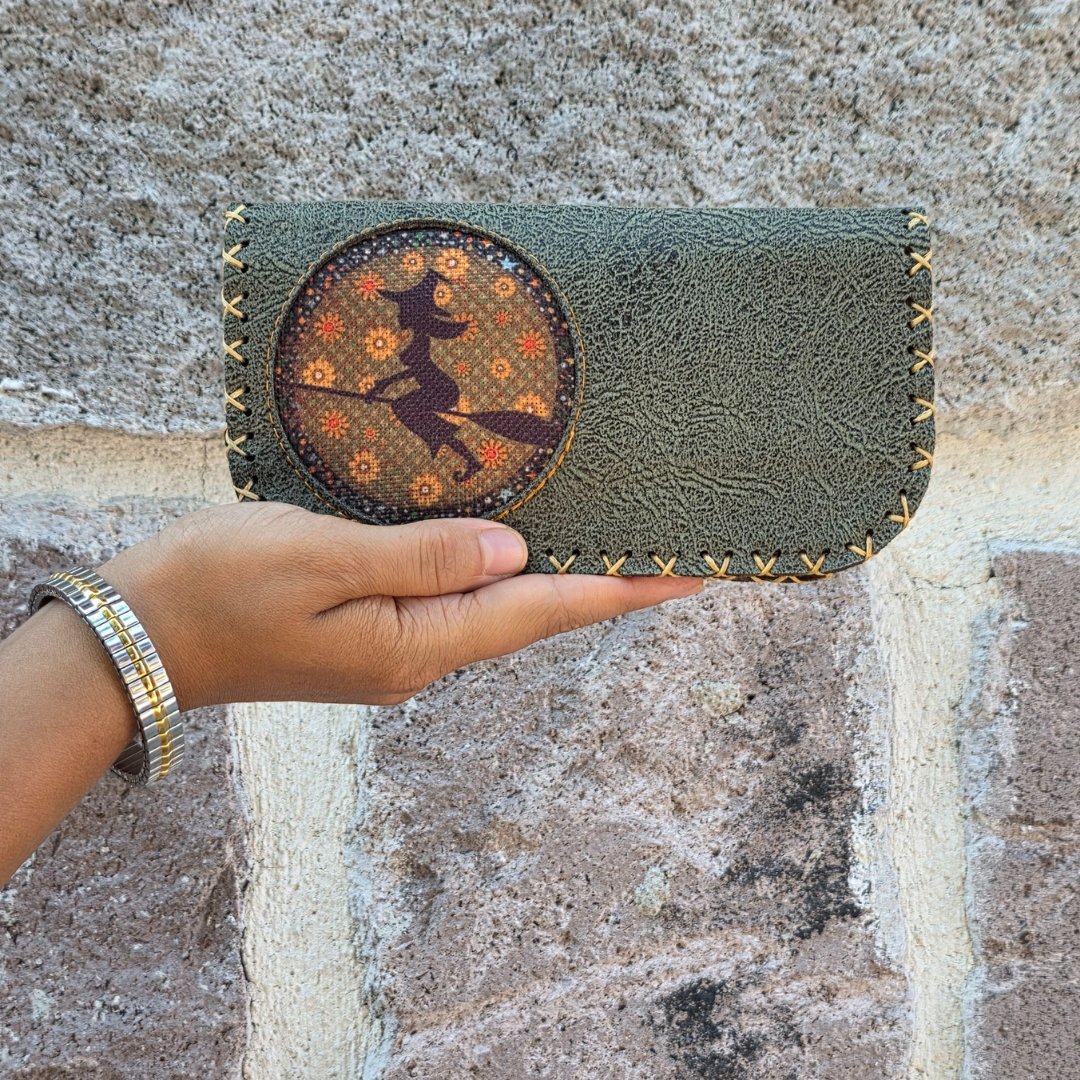 Cadı Figürlü Büyük Cüzdan Etnik Bohem Retro Vintage Style - YESİL