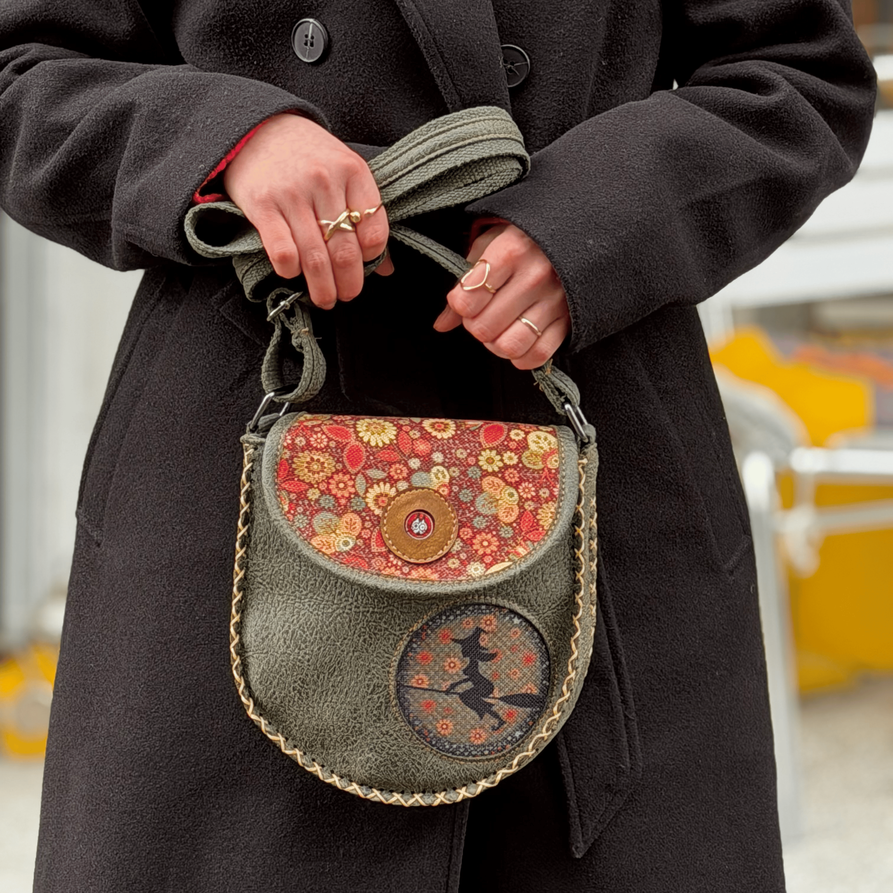Cadı Figürlü Çapraz Örgülü Kol Çantası Etnik Bohem Style - YEŞİL