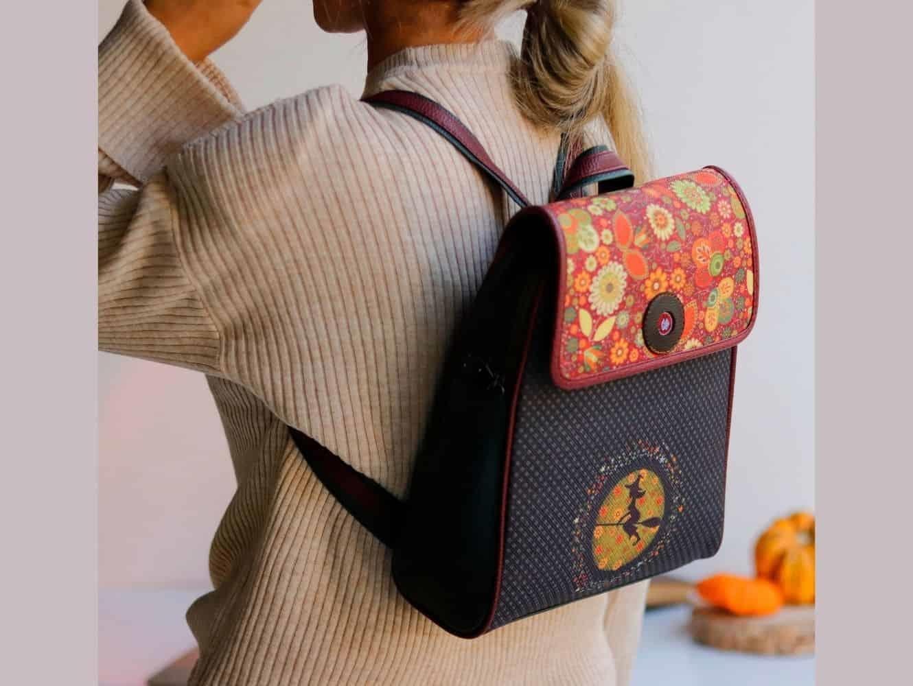 Cadı Figürlü Kapaklı Sırt Çantası Etnik Bohem Style Küçük Cüzdan Kombin Bordo 