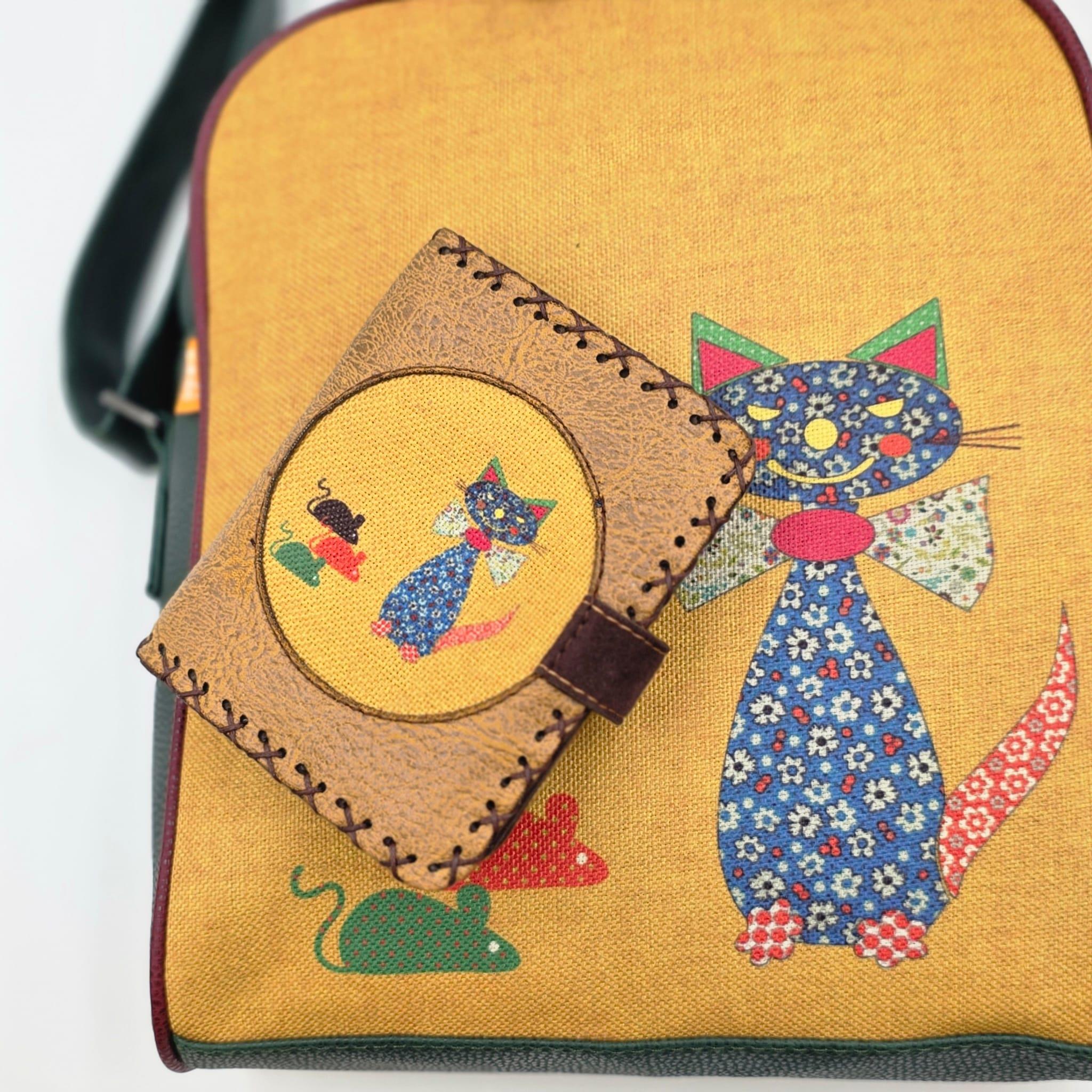 Fare Kedi Figürlü Büyük Postacı Kol Çantası Yesil, Cüzdan Hardal Etnik Bohem Style Kombin