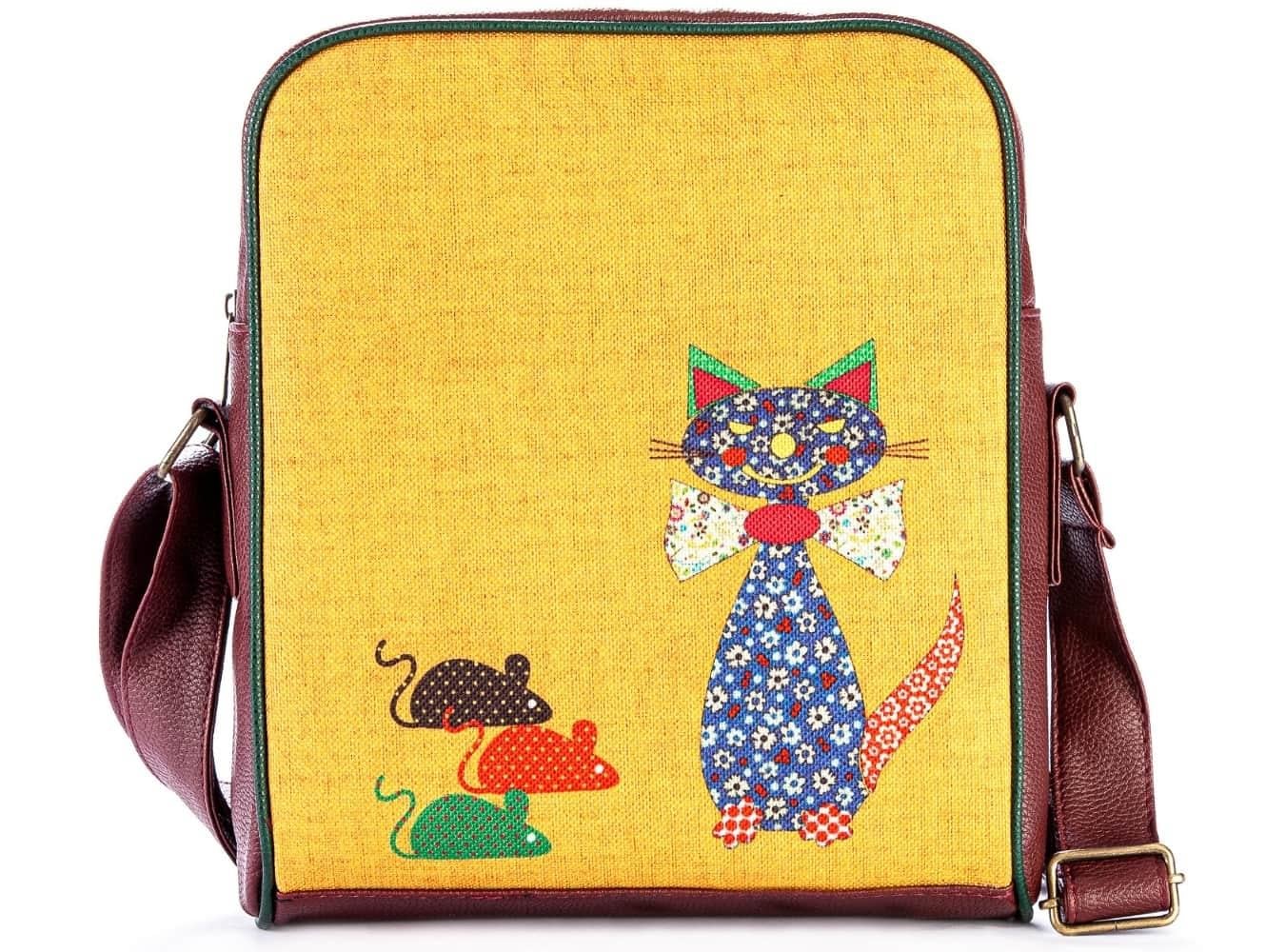 Fare Kedi Figürlü Büyük Postacı Kol Çantası Etnik Bohem Style Çanta Cüzdan KOMBİN