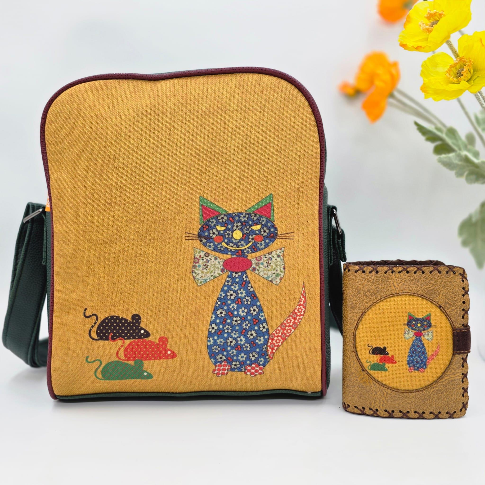 Fare Kedi Figürlü Büyük Postacı Kol Çantası Yesil, Cüzdan Hardal Etnik Bohem Style Kombin