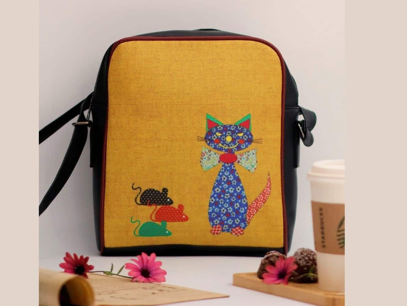 Fare Kedi Figürlü Büyük Postacı Kol Çantası Etnik Bohem Style Çanta Cüzdan KOMBİN