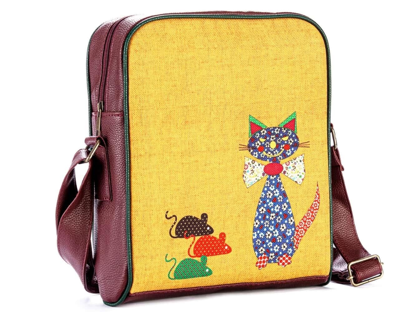 Fare Kedi Figürlü Büyük Postacı Kol Çantası Etnik Bohem Style Çanta Cüzdan KOMBİN
