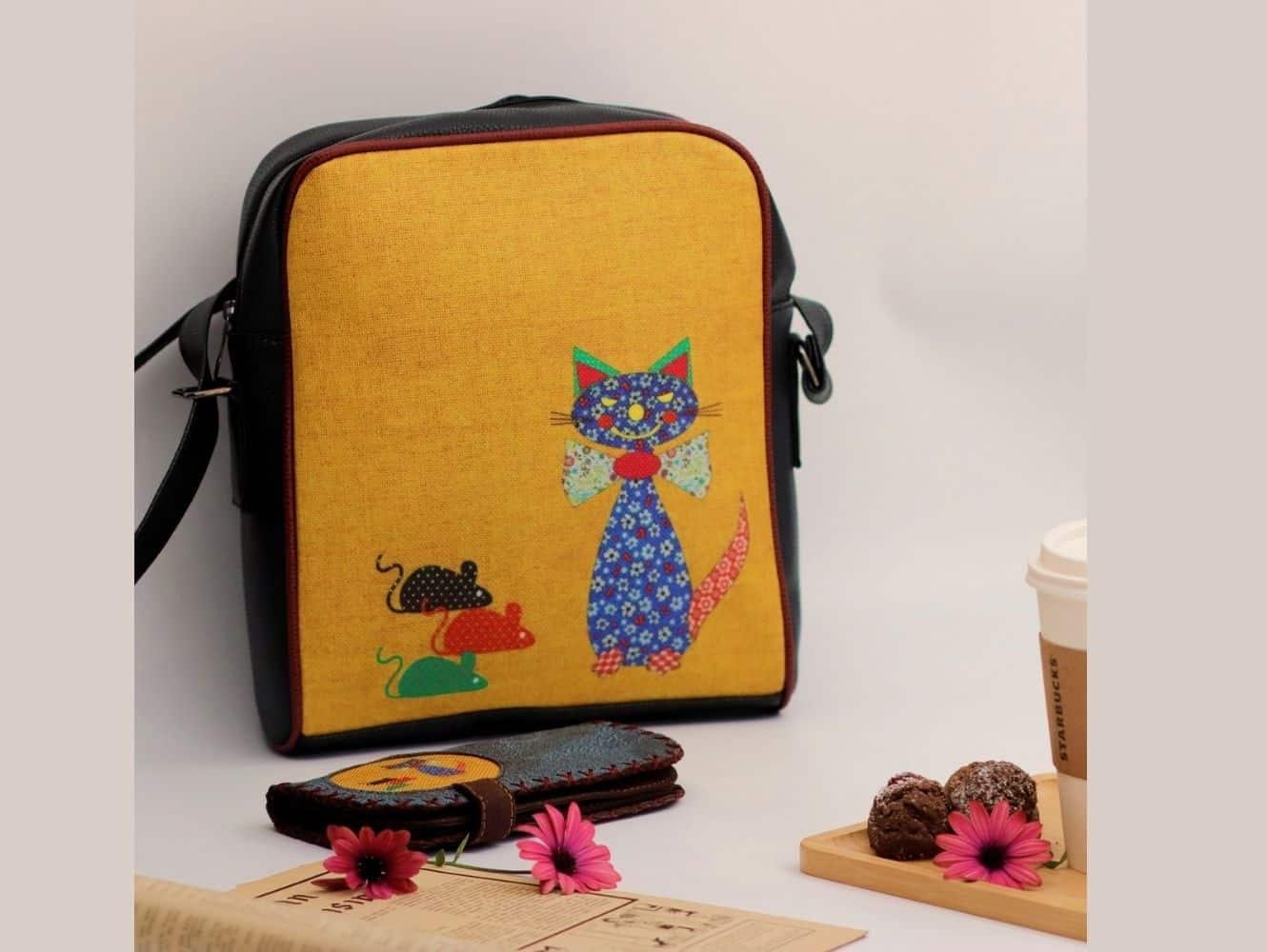 Fare Kedi Figürlü Büyük Postacı Kol Çantası Etnik Bohem Style Çanta Cüzdan KOMBİN