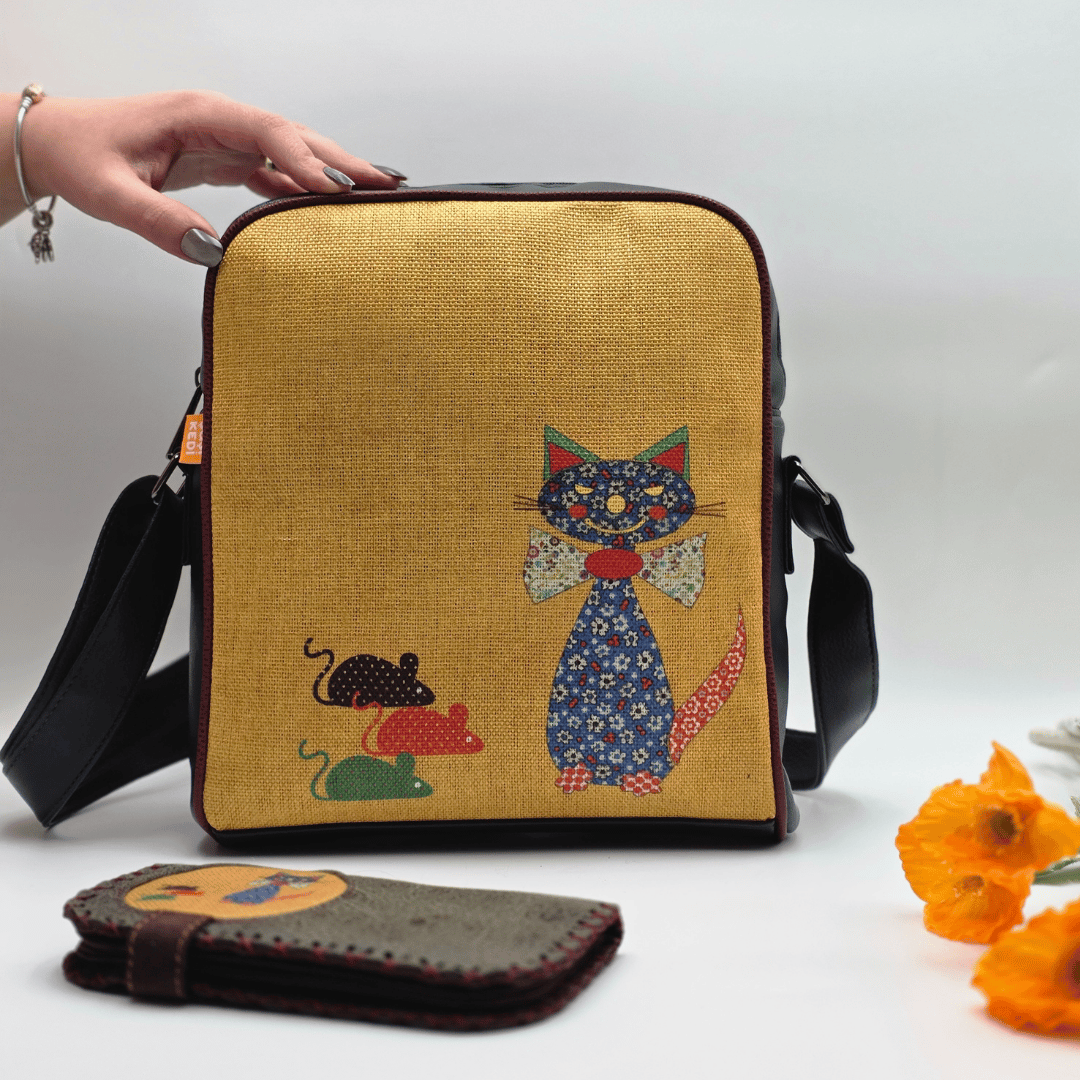 Fare Kedi Figürlü Büyük Postacı Kol Çantası Etnik Bohem Style Çanta Cüzdan Çanta Yesil, Cüzdan Yesil Kombin