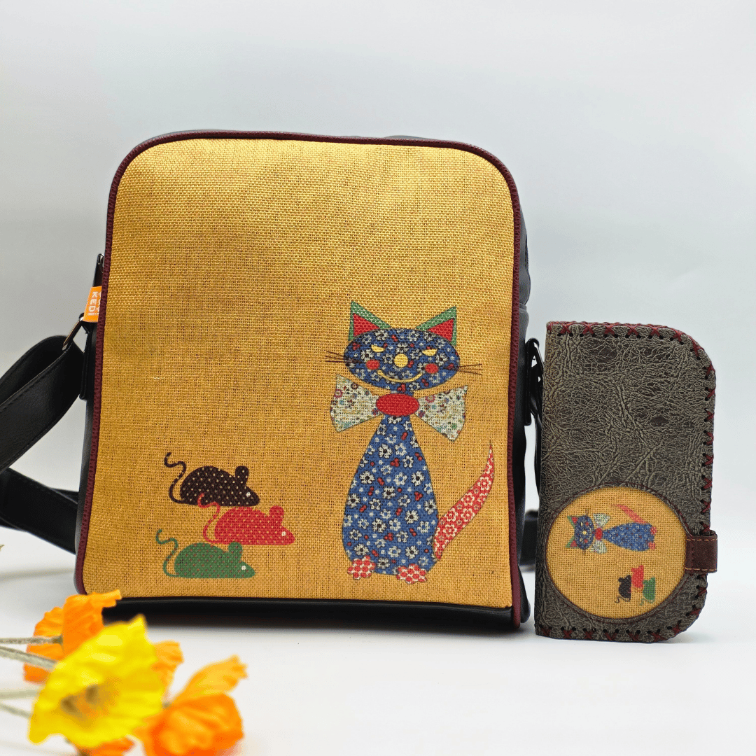 Fare Kedi Figürlü Büyük Postacı Kol Çantası Etnik Bohem Style Çanta Cüzdan Çanta Yesil, Cüzdan Yesil Kombin