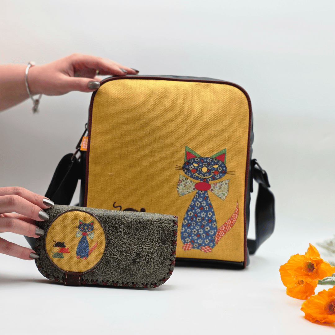 Fare Kedi Figürlü Büyük Postacı Kol Çantası Etnik Bohem Style Çanta Cüzdan Çanta Yesil, Cüzdan Yesil Kombin
